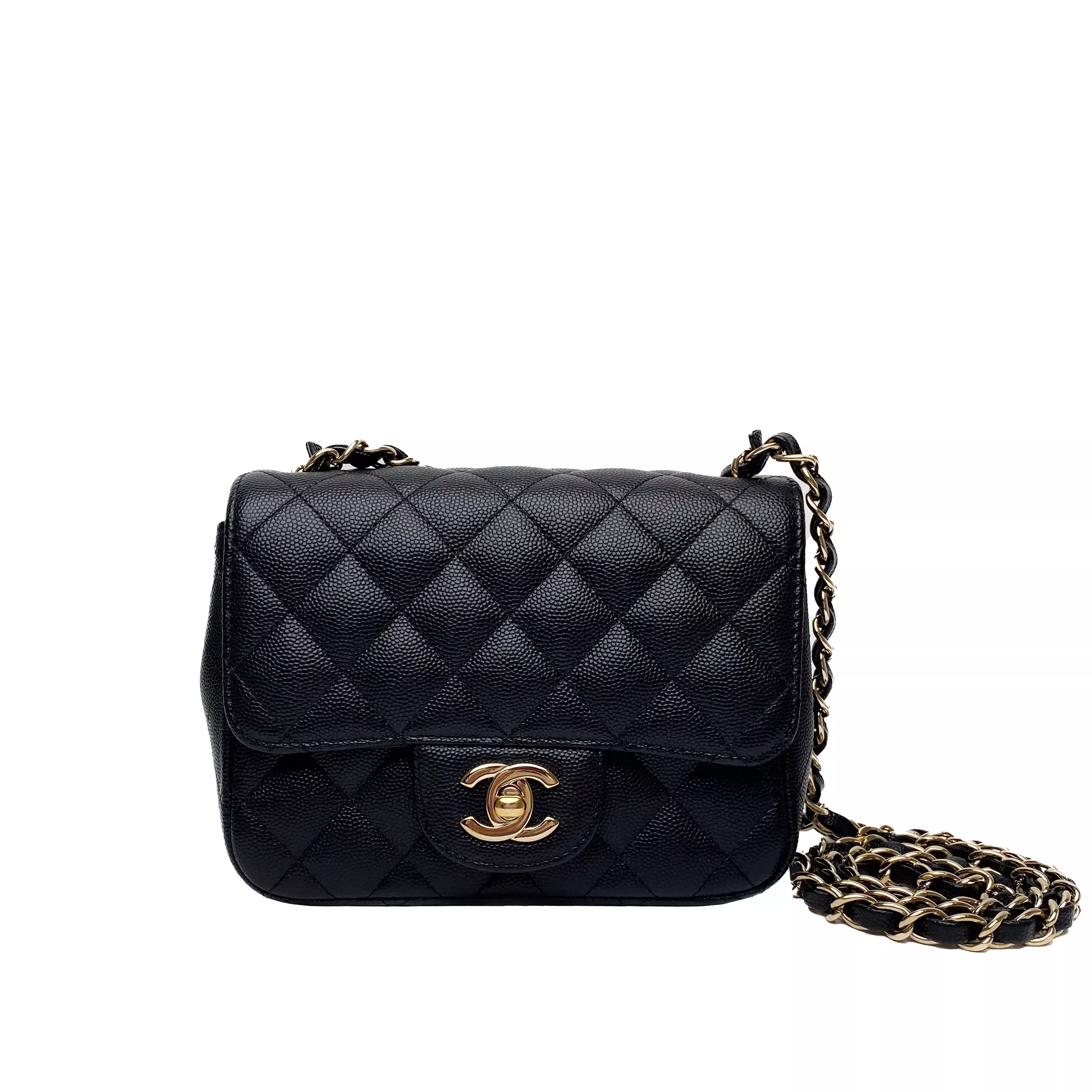 Chanel Quilted BlackCaviar Mini Square Single Flap Champagne Hardware 7