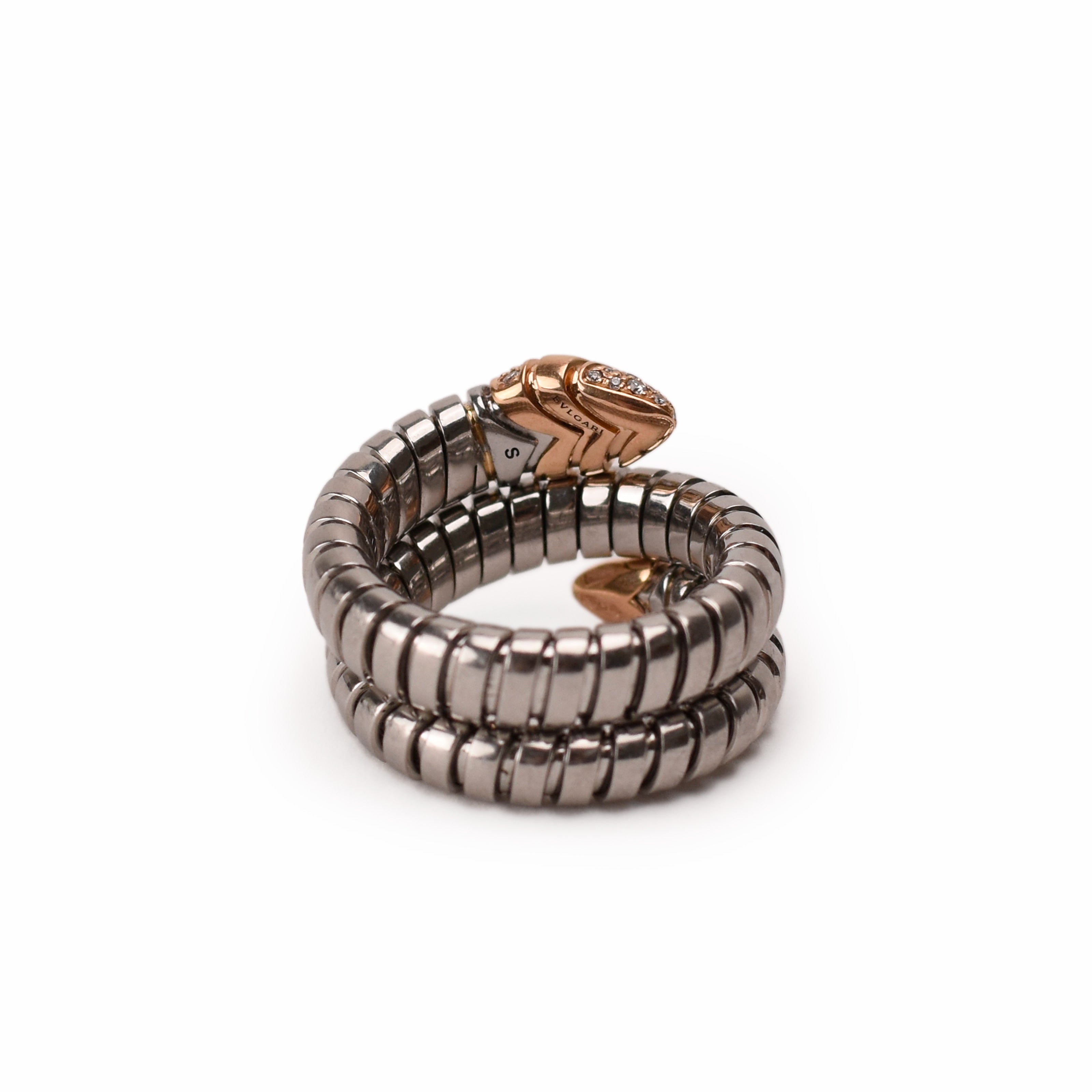Bulgari Serpenti Tubogas Ring in Steel, Rose Gold and Diamonds