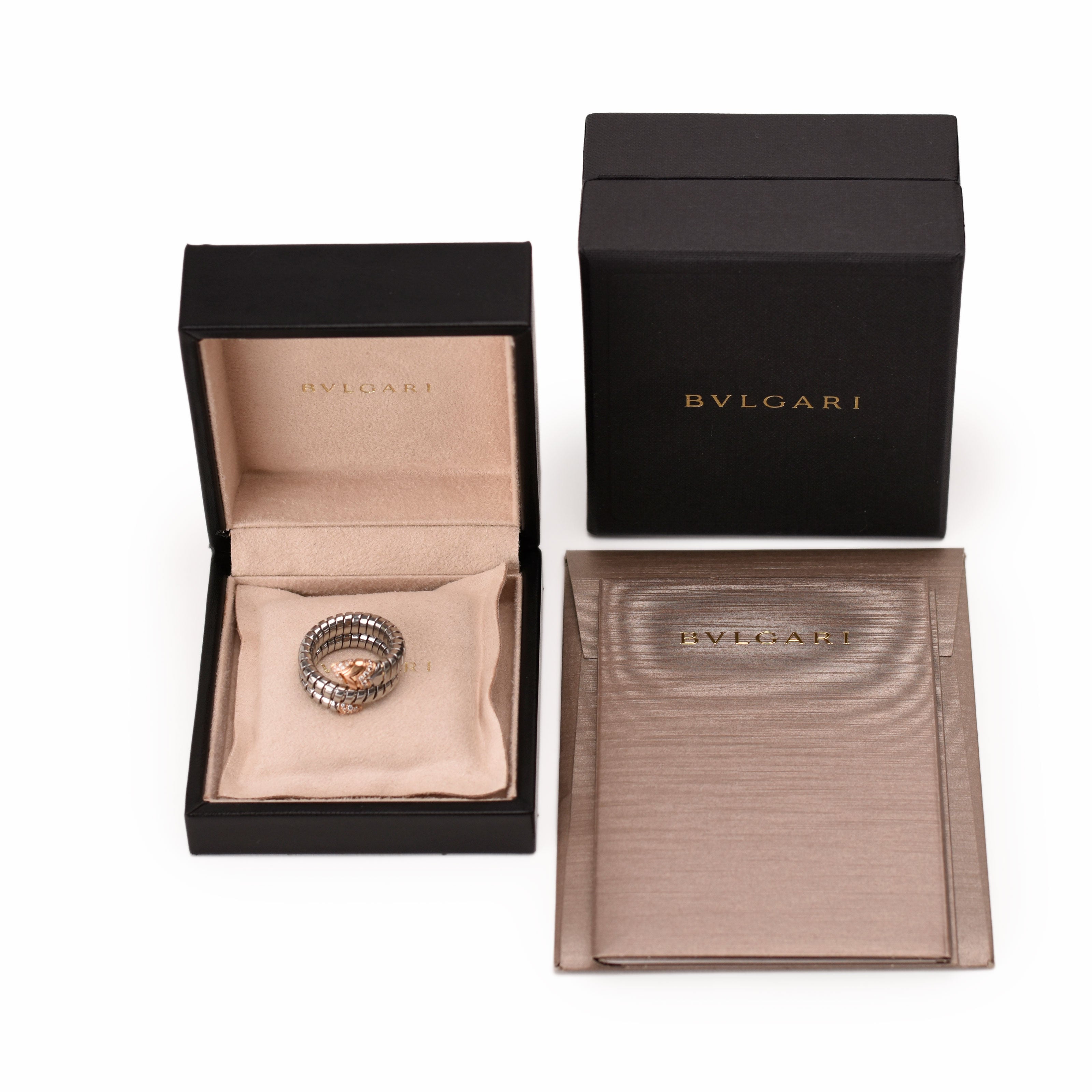 Bulgari Serpenti Tubogas Ring in Steel, Rose Gold and Diamonds