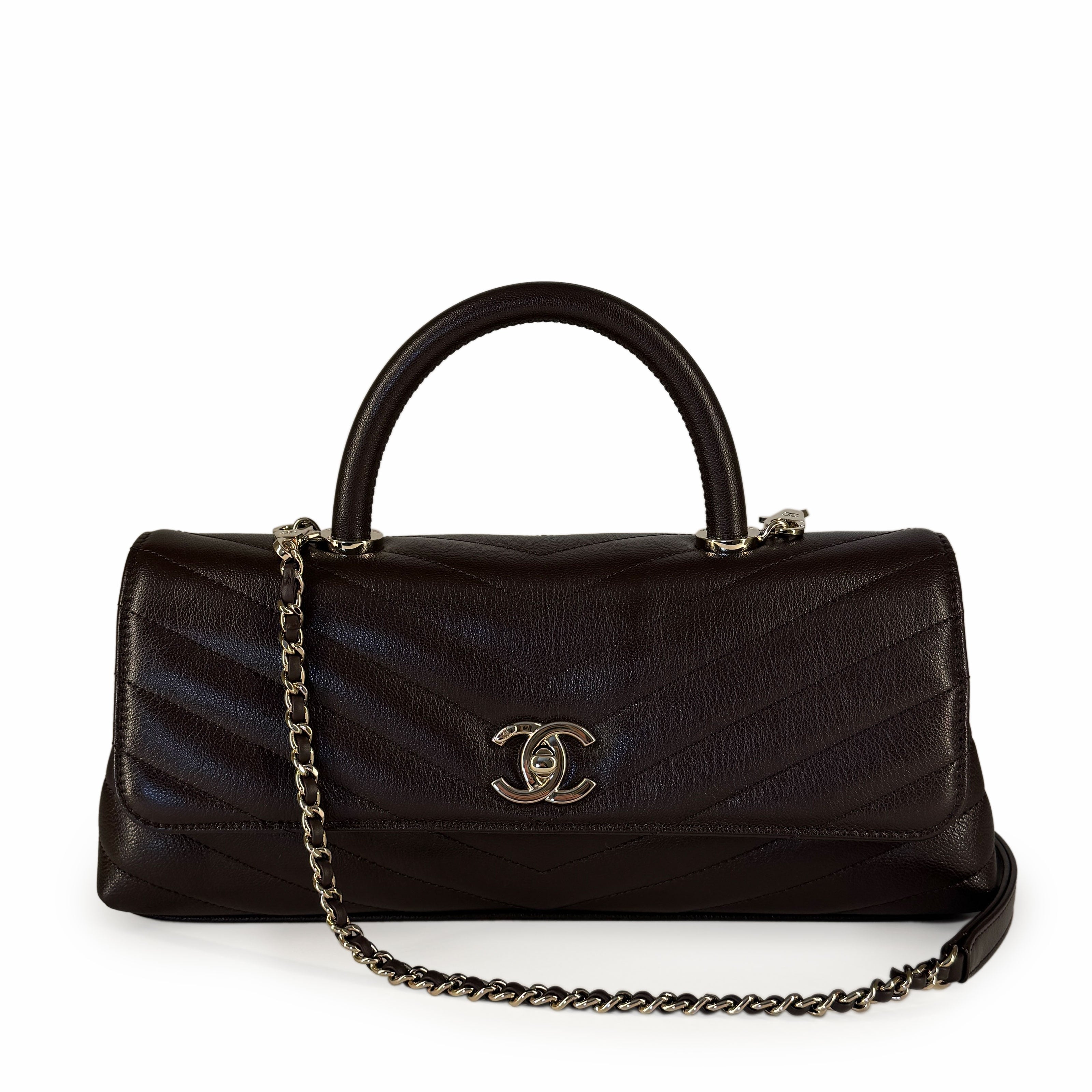 Chanel Maxi Coco Handle Flap Bag Goatskin Dark Brown CHW