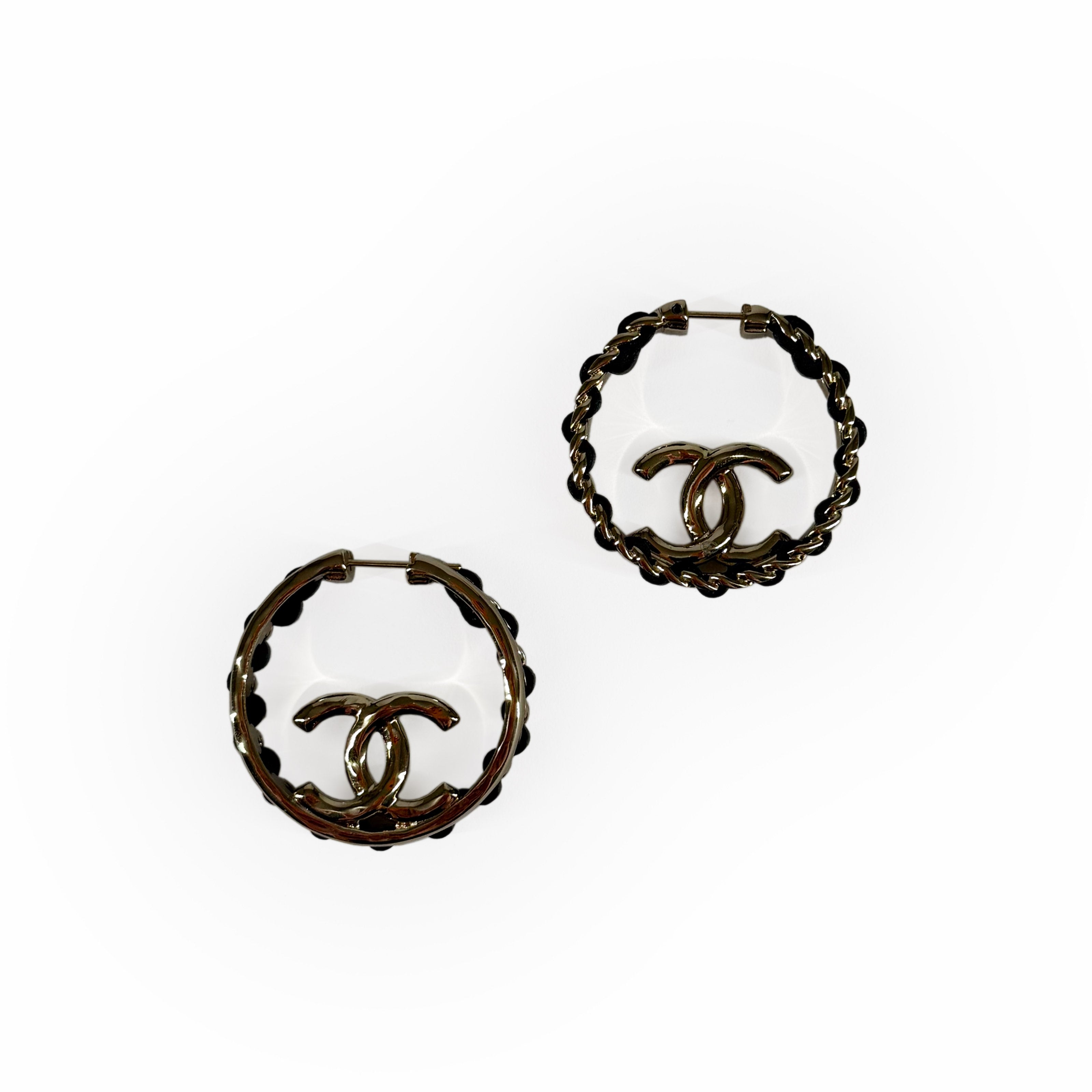 Chanel CC Hoop Leather Chain Champagne Earrings