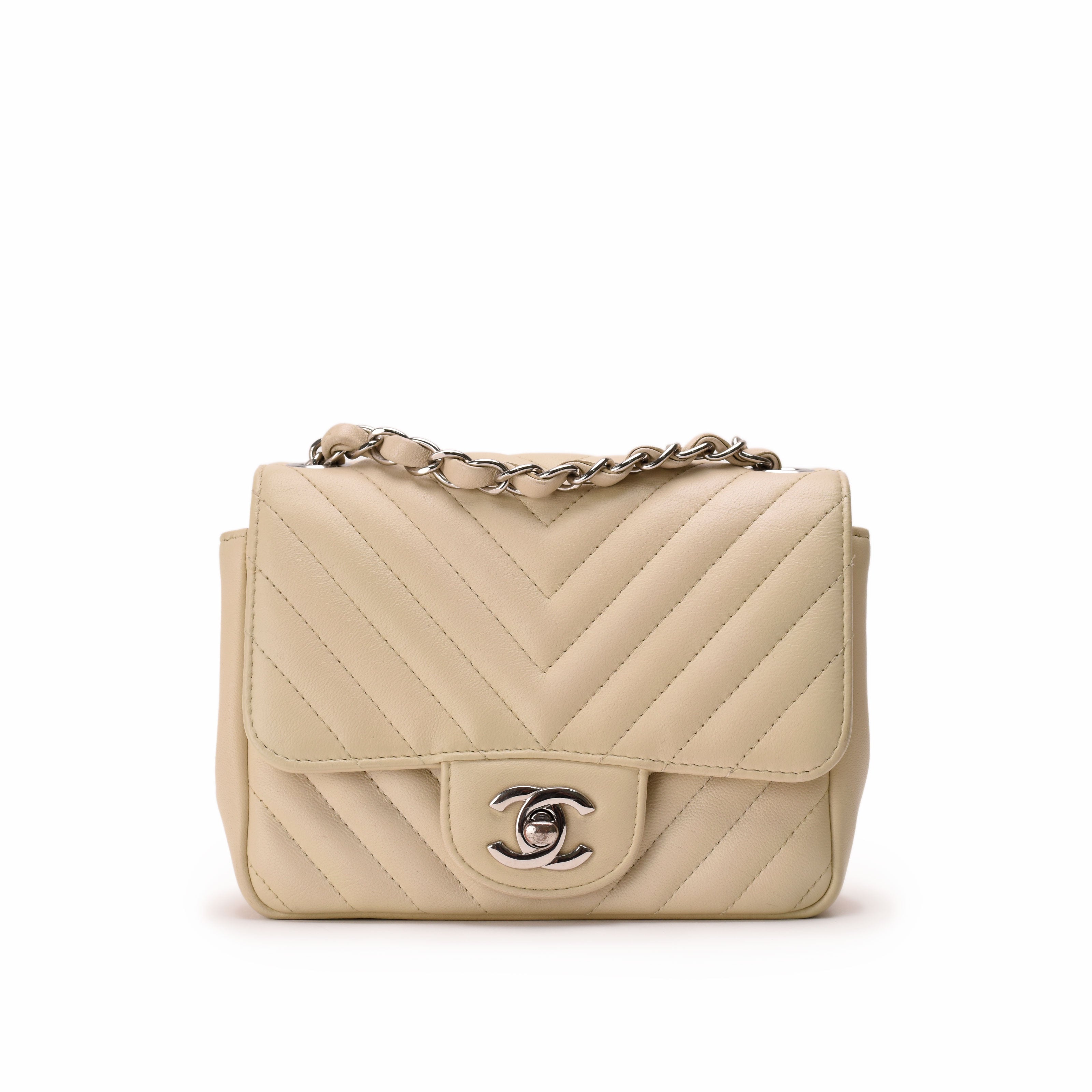 Chanel Mini Square Chevron Ivory Lambskin SHW