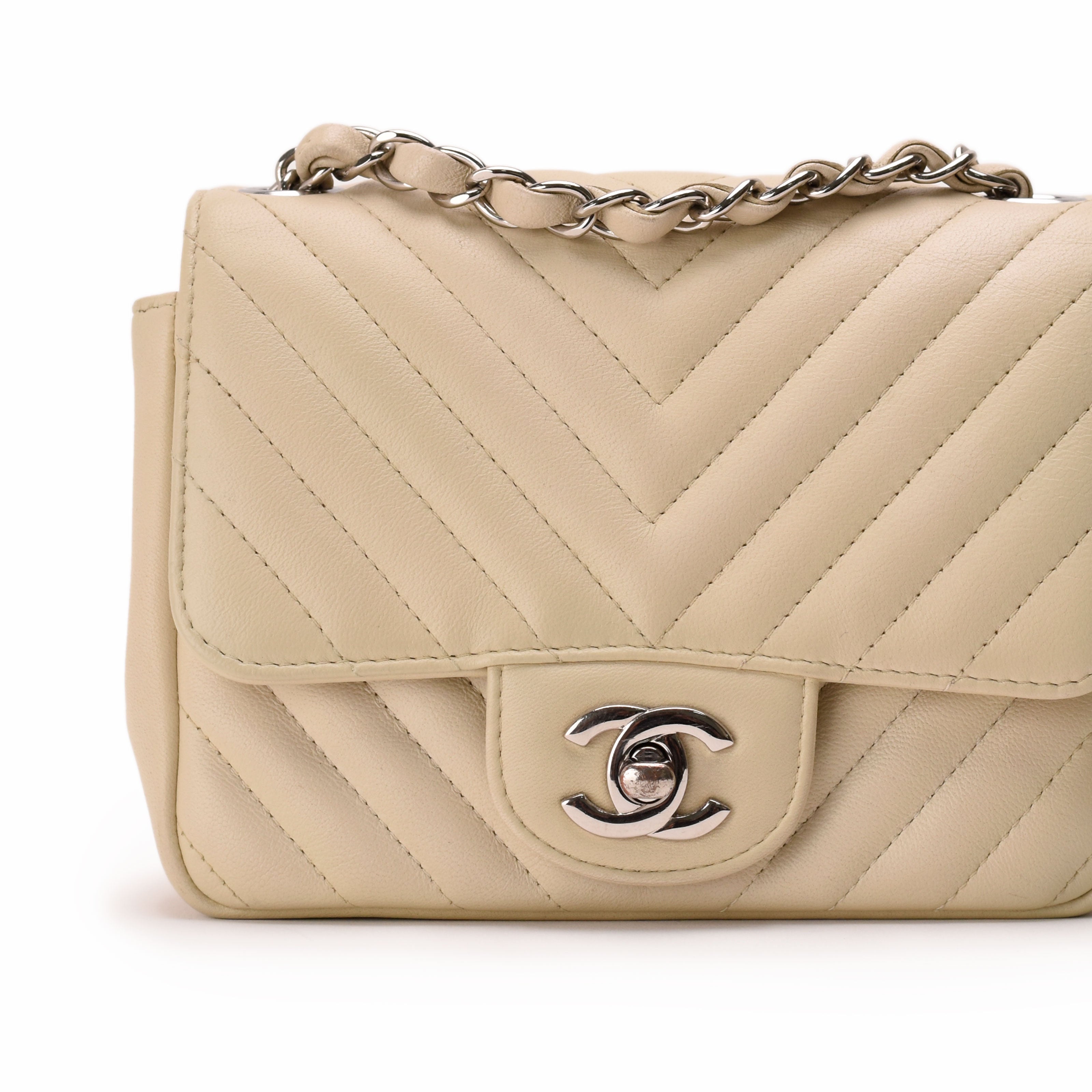 Chanel Mini Square Chevron Ivory Lambskin SHW