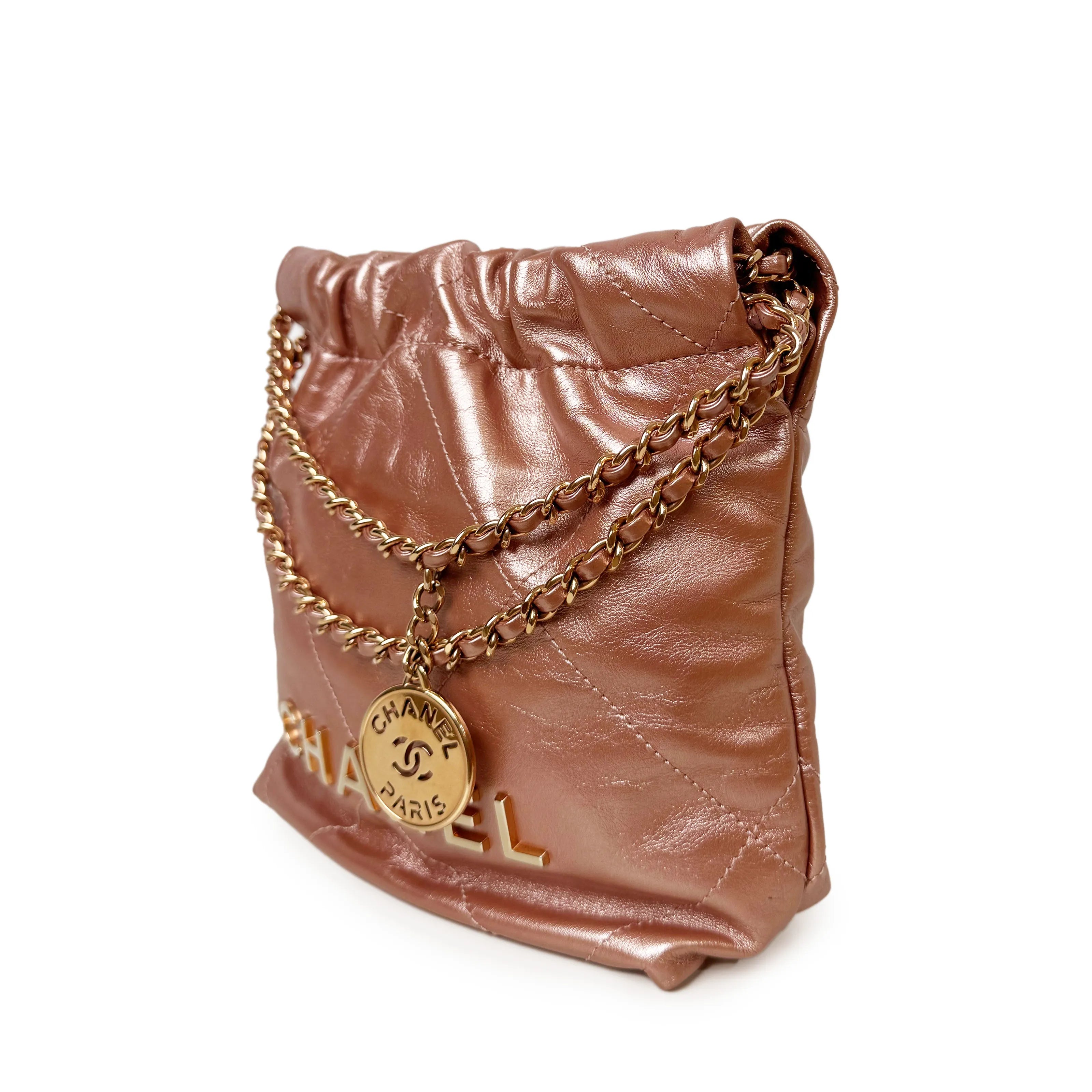Chanel 22 Mini Metallic Pink Quilted Hobo Bag