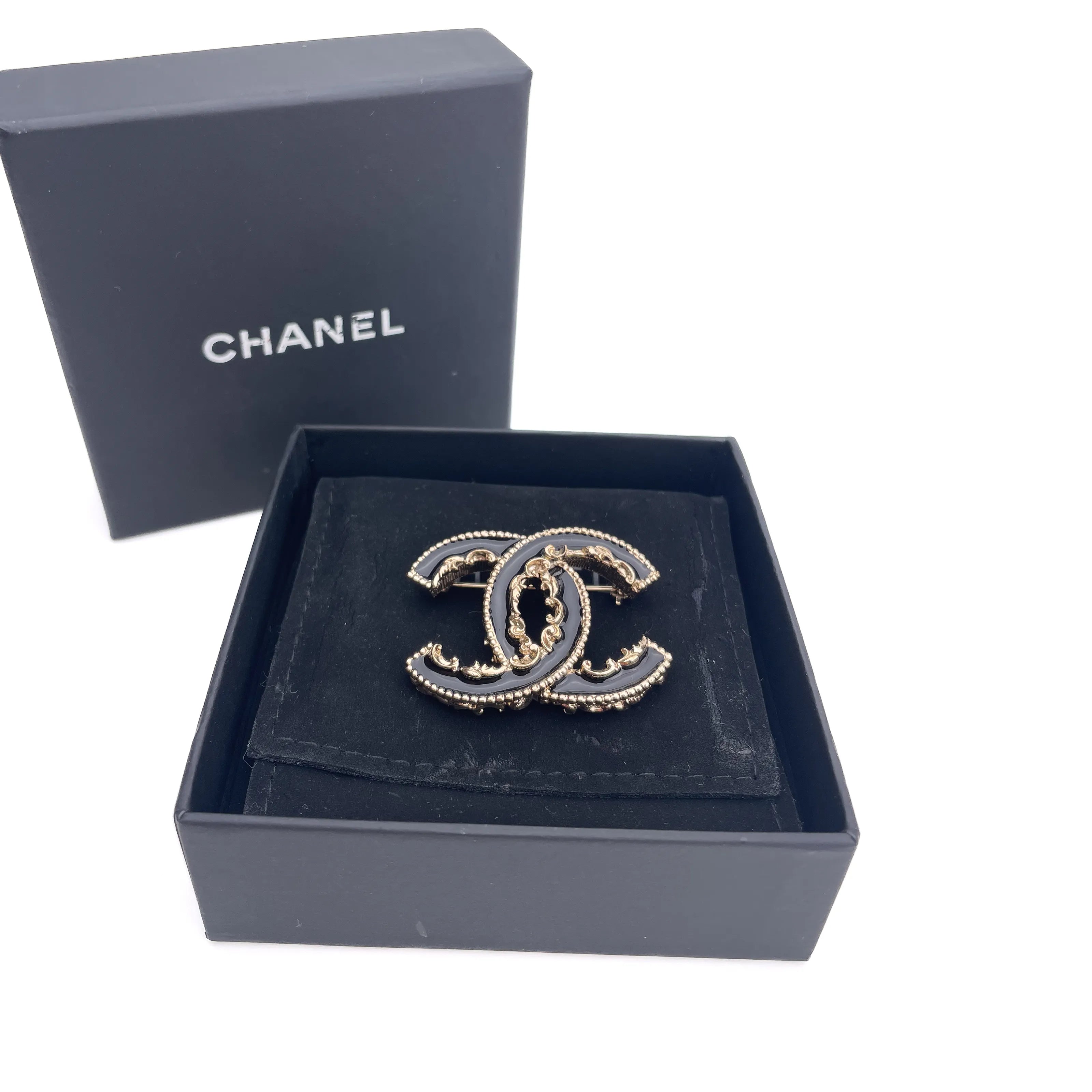 Chanel Black Enamel CC Baroque Brooch