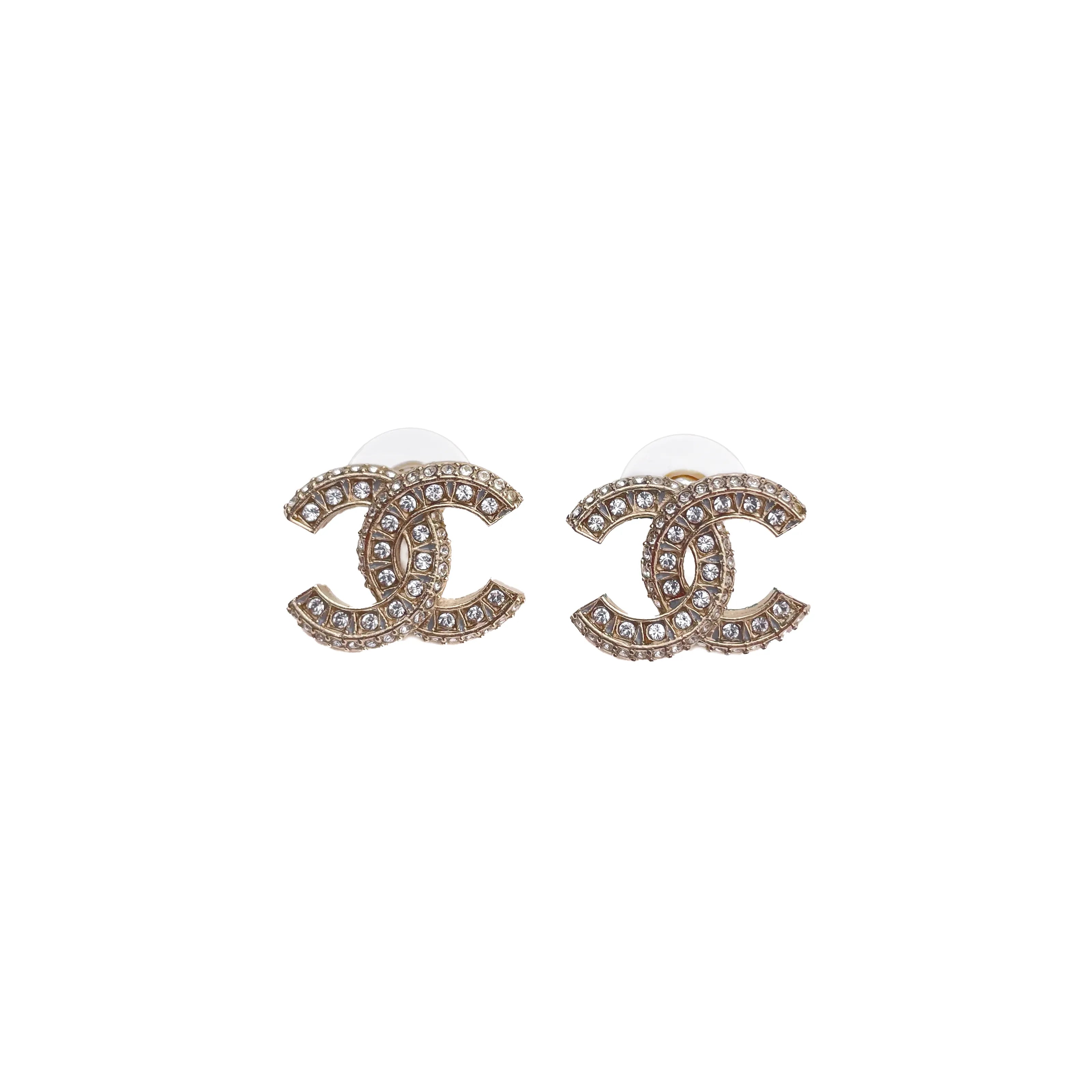 Chanel Gold-Tone Crystal CC Stud Earrings
