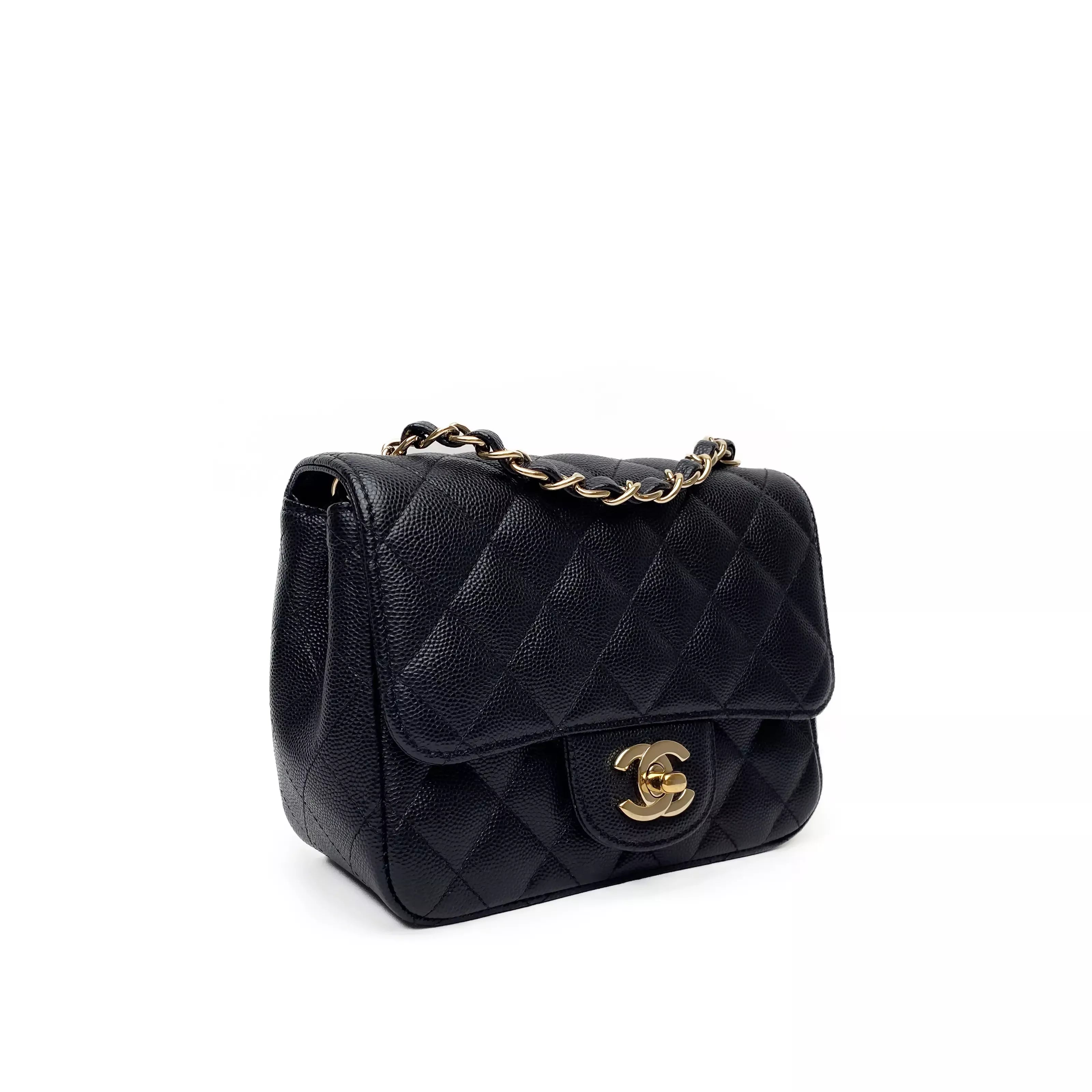 Chanel Quilted BlackCaviar Mini Square Single Flap Champagne Hardware 2