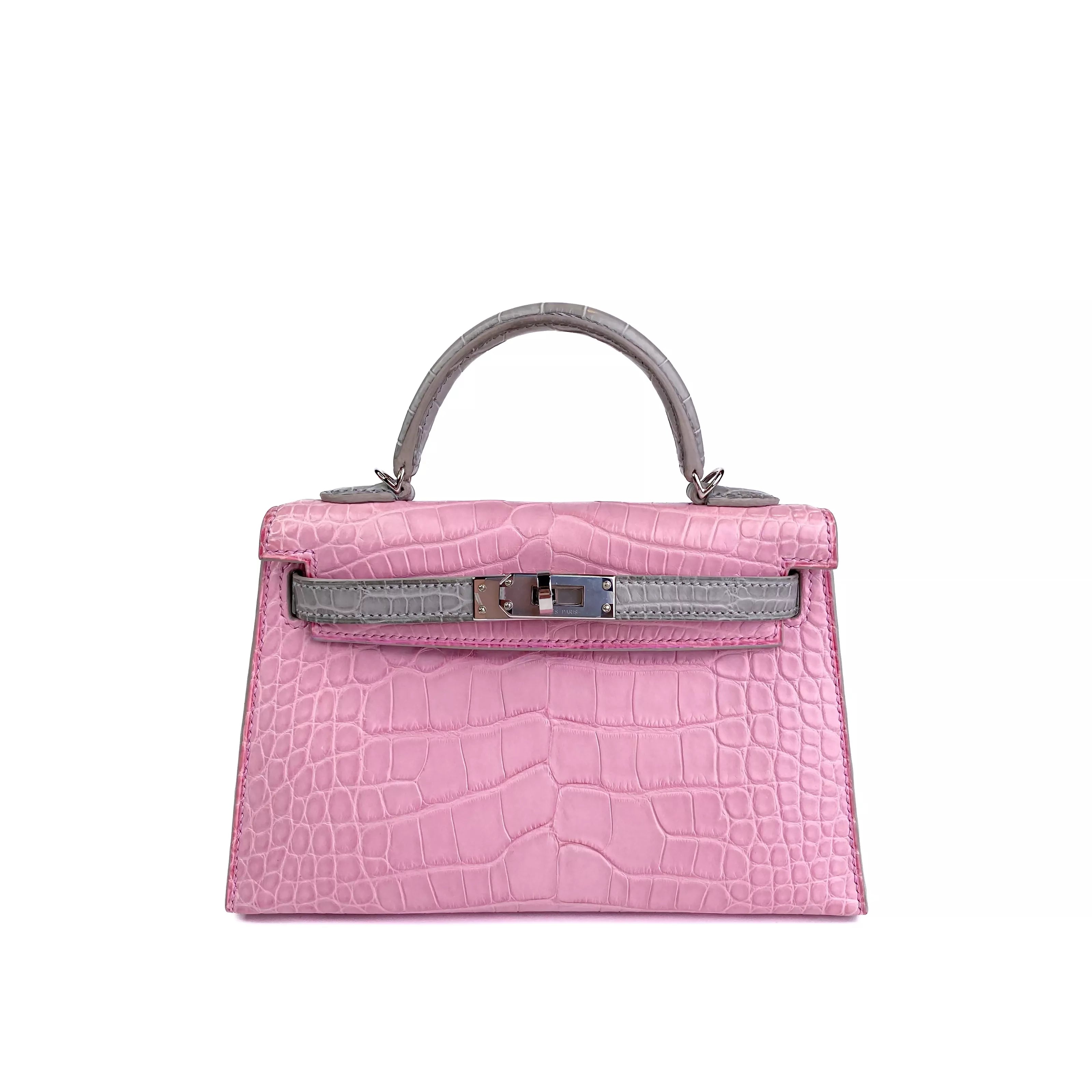 Hermes Mini Kelly Bicolour Bubblegum Pink Croco PHW Front