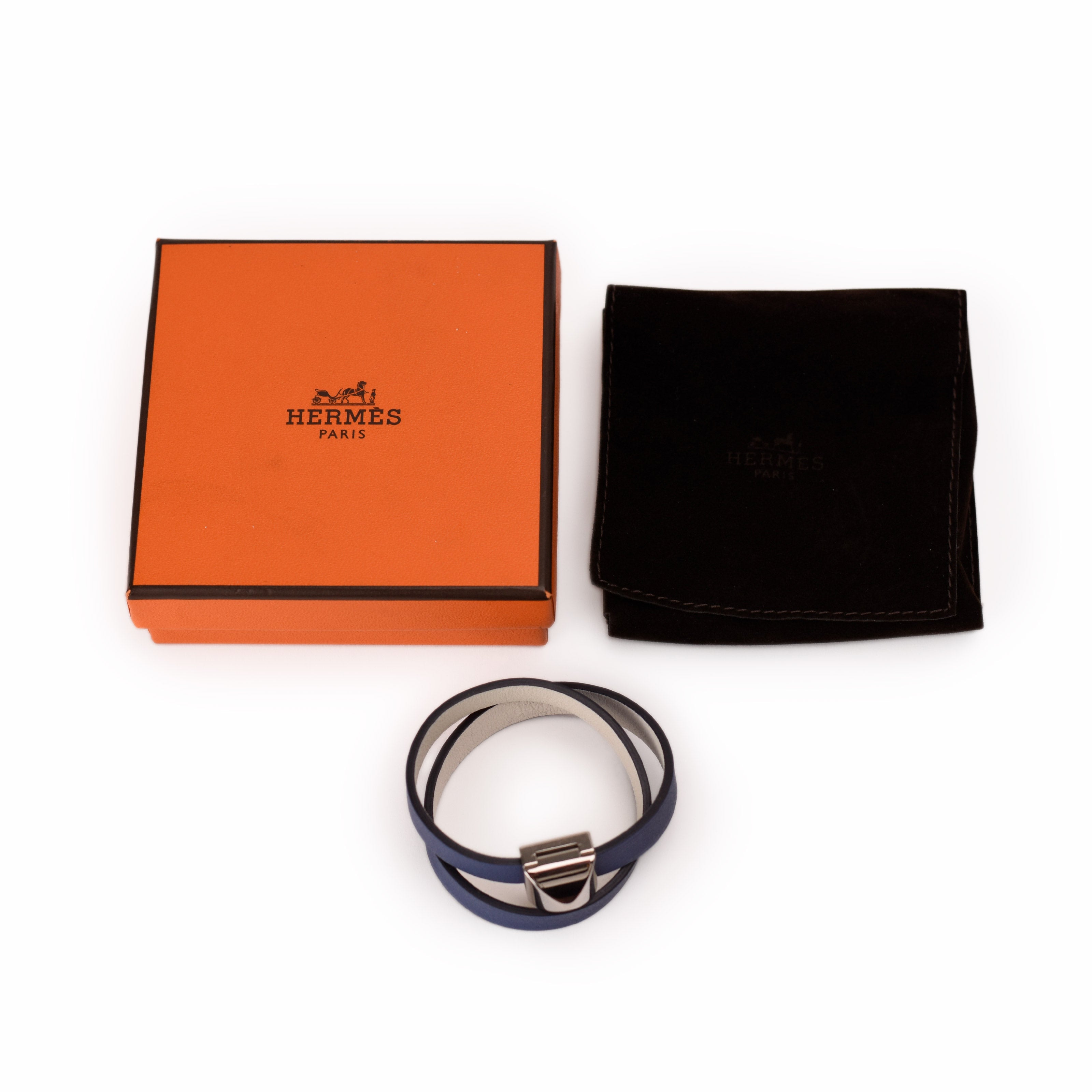 Hermès Bleu Brighton/White Swift Leather Palladium Plated Medor Infini Double Tour Bracelet