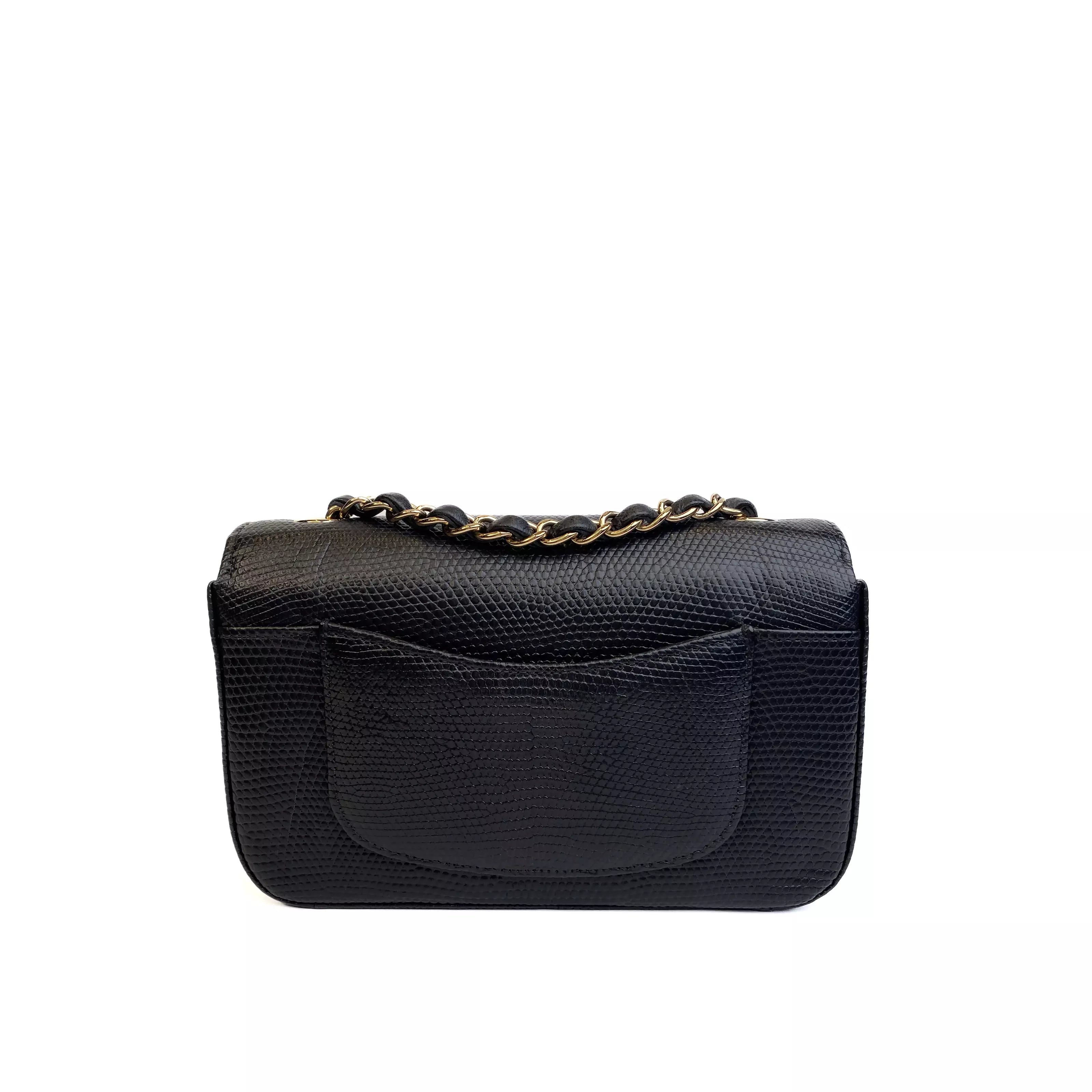 Chanel Classic Mini Flap Bag Black Lizard Leather with Gold Hardware Back