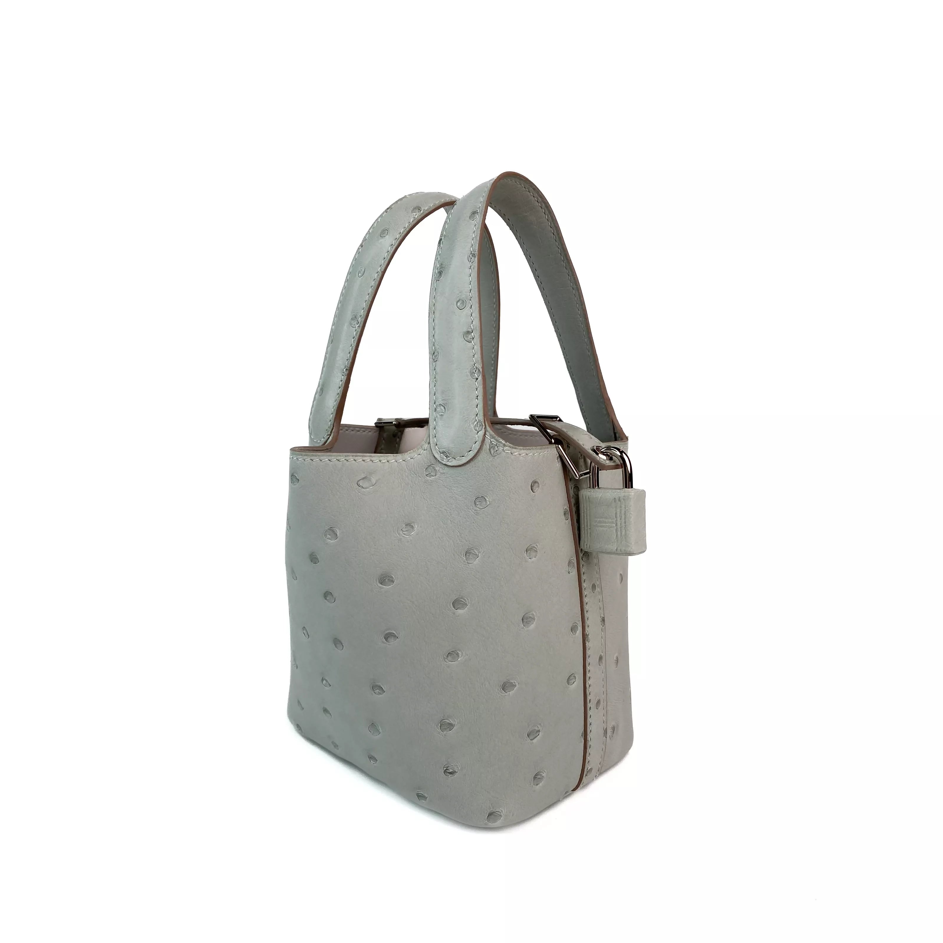Hermes Picotin 18 Lock Bag Ostrich Gris Meyer PHW Left Side