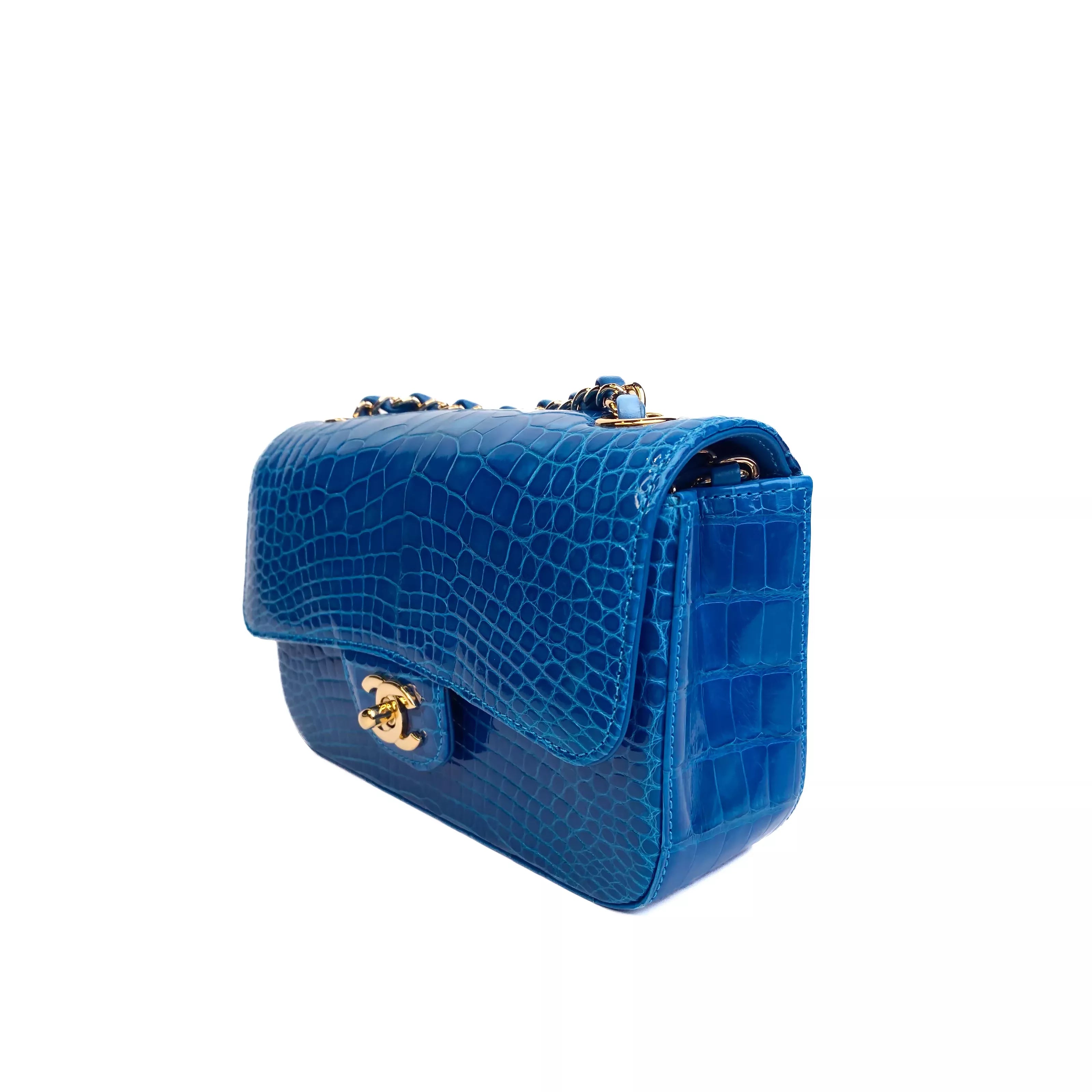 CHANEL Lagoon Blue Shiny Alligator Classic Mini Flap Bag with Gold Hardware Right