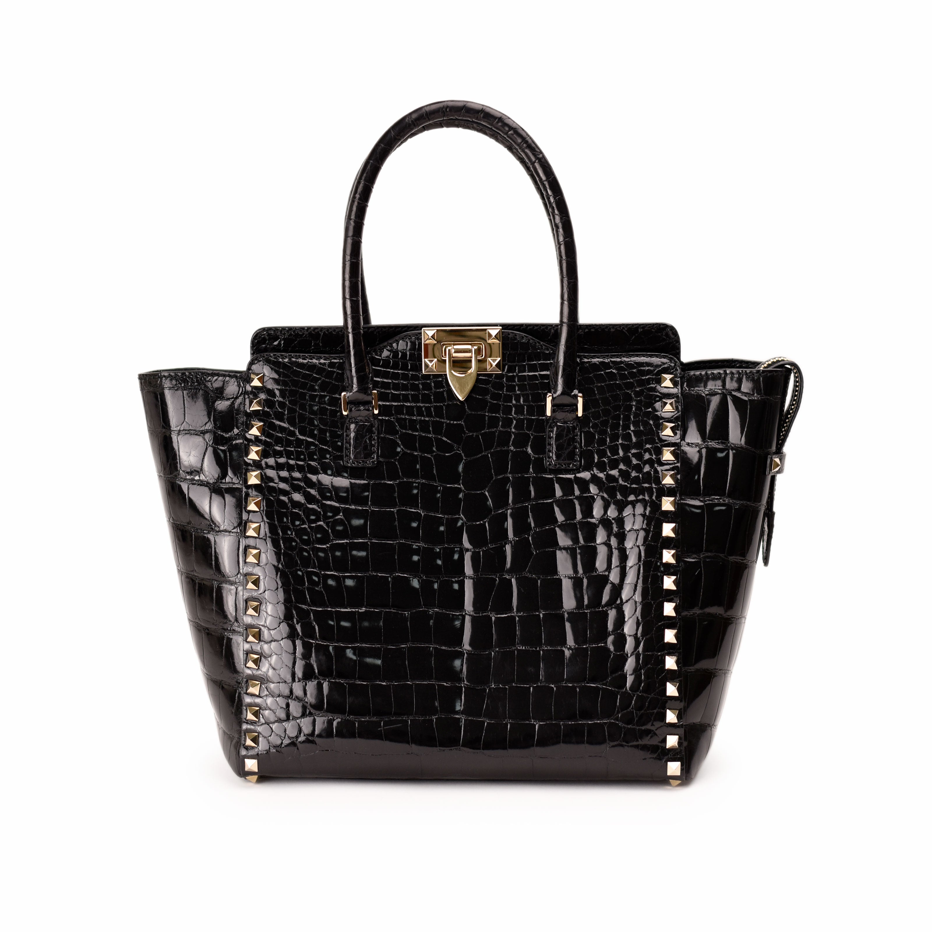 Valentino Garavani Rockstud Black Shiny Crocodile Double Handle Tote Bag