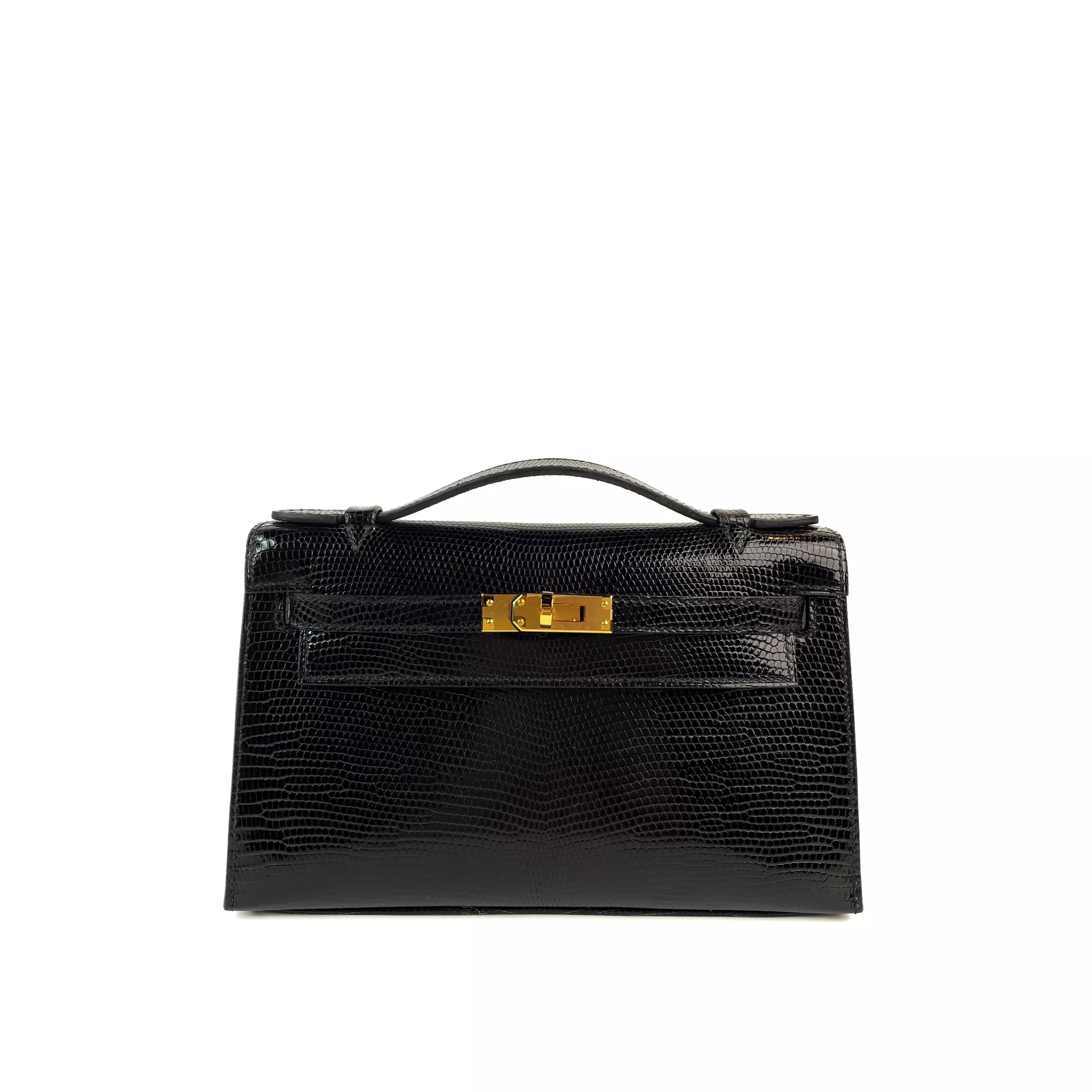 Hermes Mini Kelly Pochette In Black Shiny Lizard Gold Hardware Front
