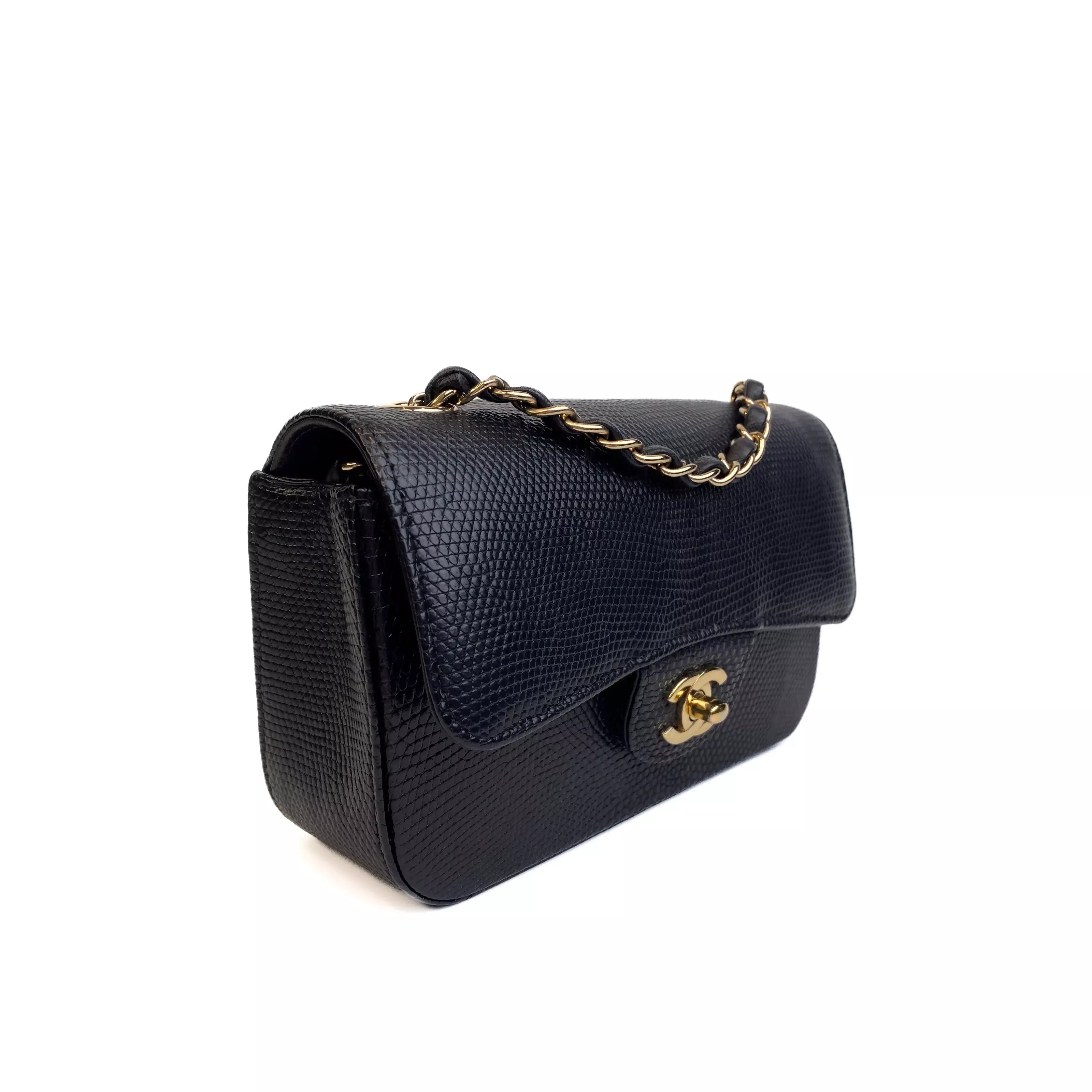 Chanel Classic Mini Flap Bag Black Lizard Leather with Gold Hardware Right