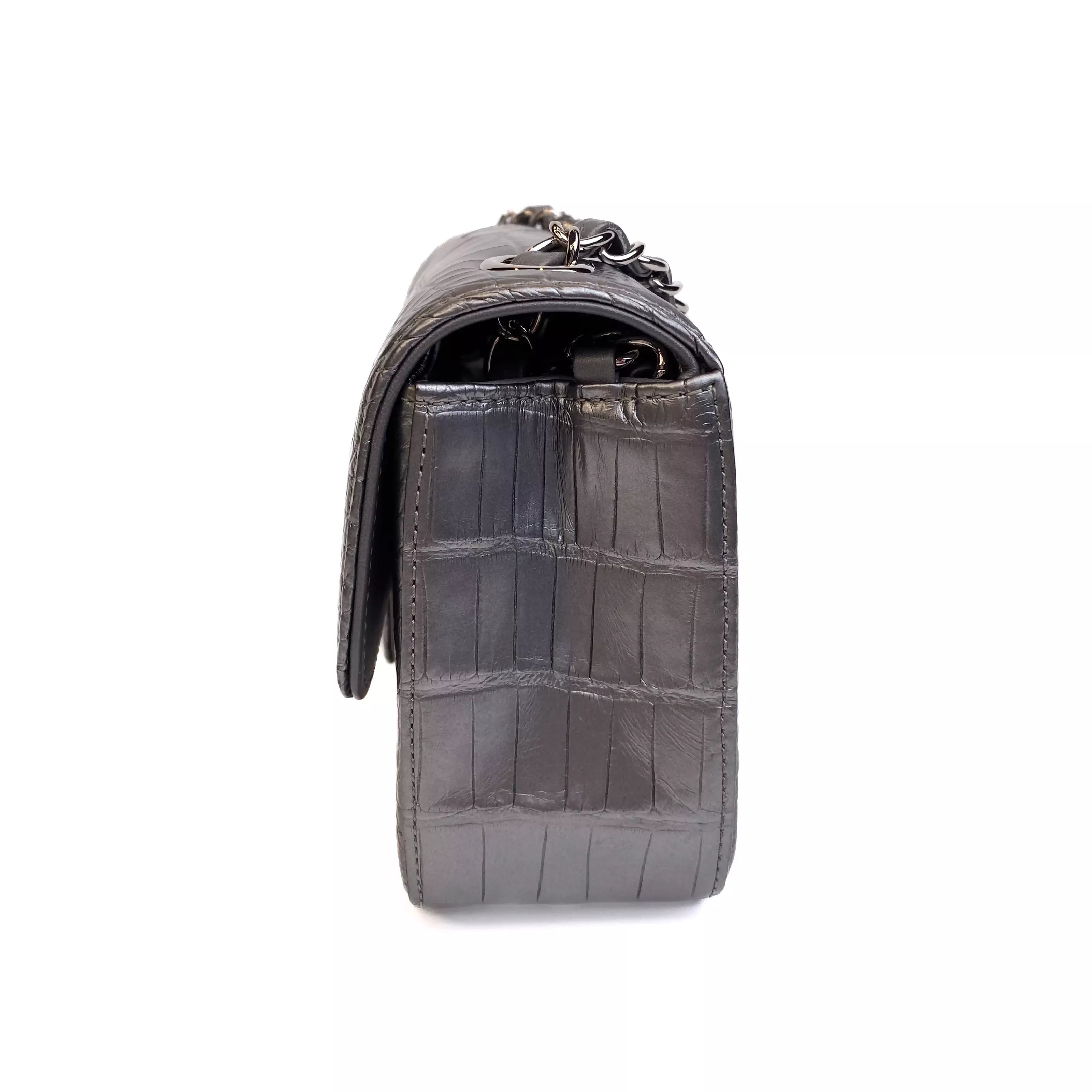 Chanel Classic Mini Flap Bag Shiny Alligator in Metallic Silver with Ruthenium Hardware Right Side