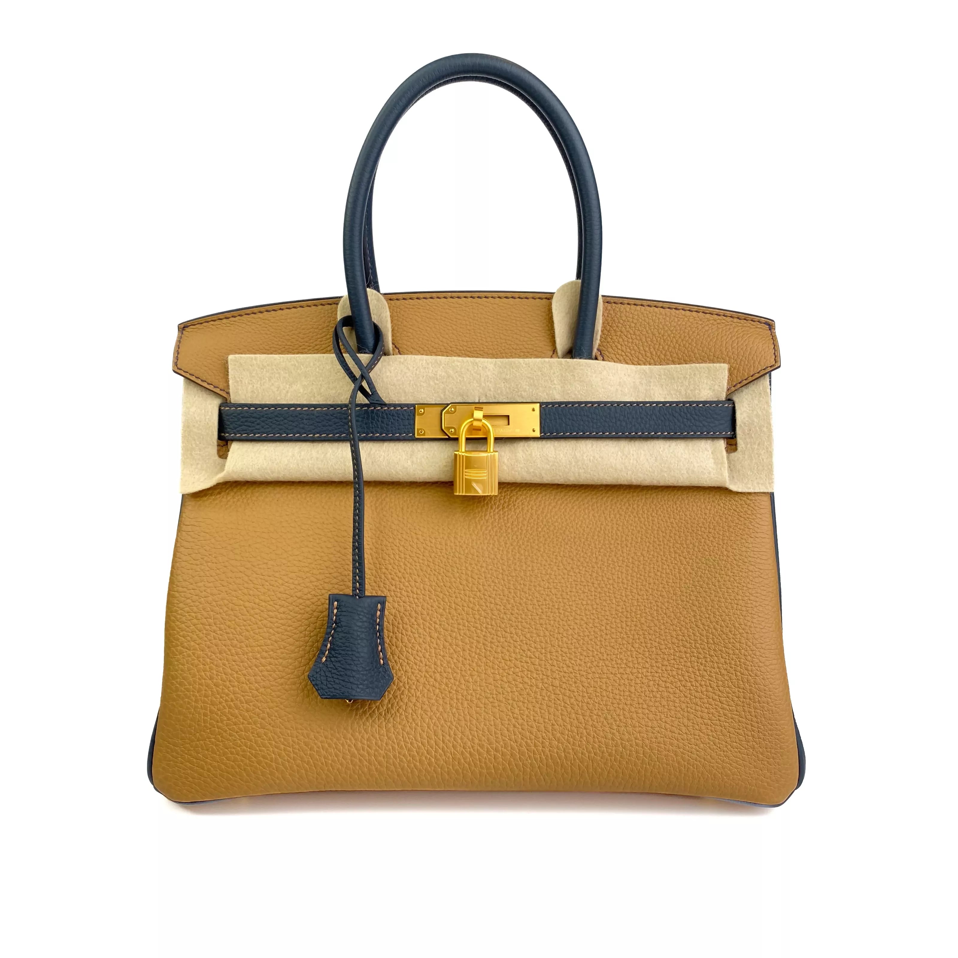 Hermes Birkin 25 Clemence Leather Bicolour Biscuit & Blue nuit GHW Set