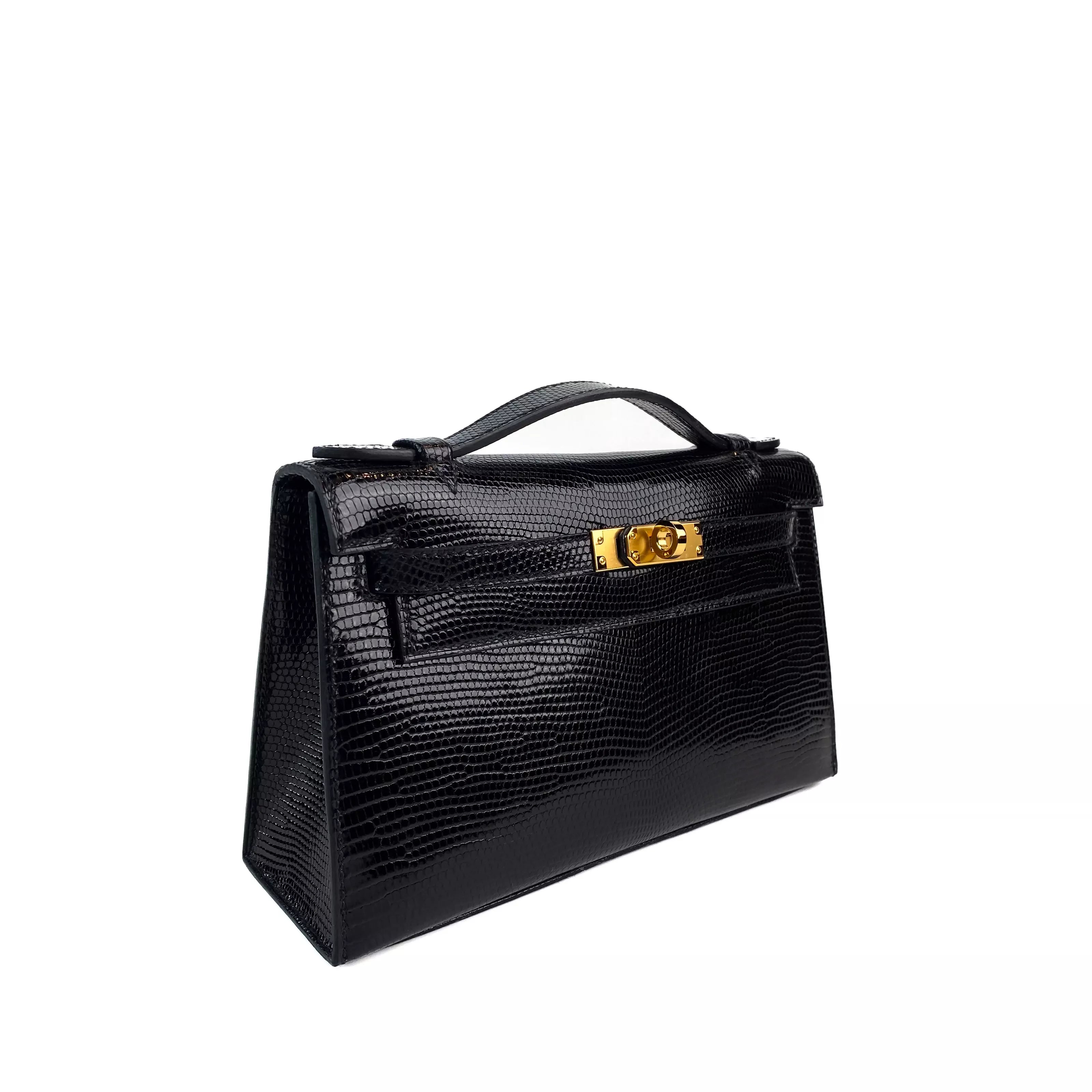 Hermes Mini Kelly Pochette In Black Shiny Lizard Gold Hardware Side