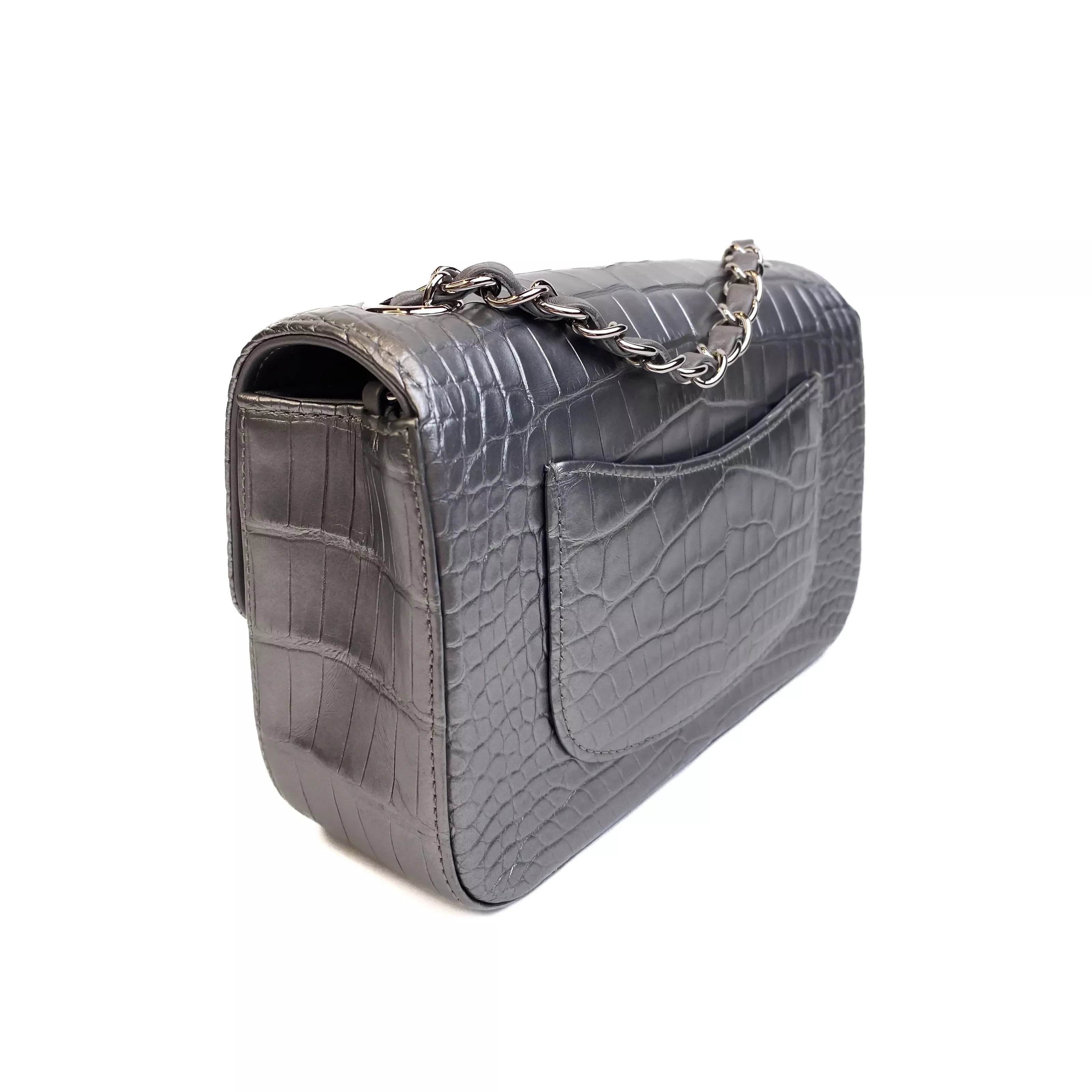 Chanel Classic Mini Flap Bag Shiny Alligator in Metallic Silver with Ruthenium Hardware Right