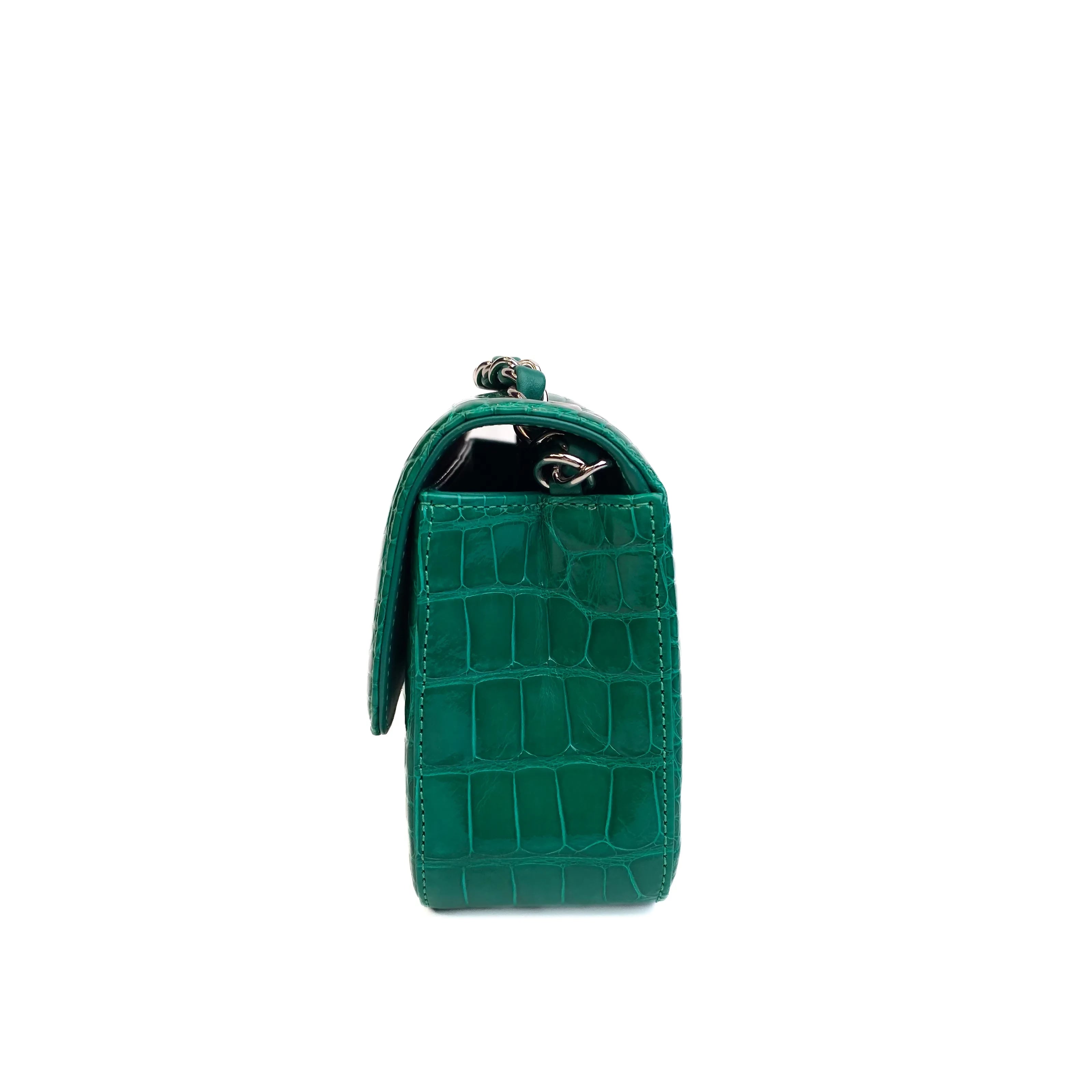 CHANEL Emerald Green Shiny Alligator Classic Mini Flap Bag with Gold Hardware Right side