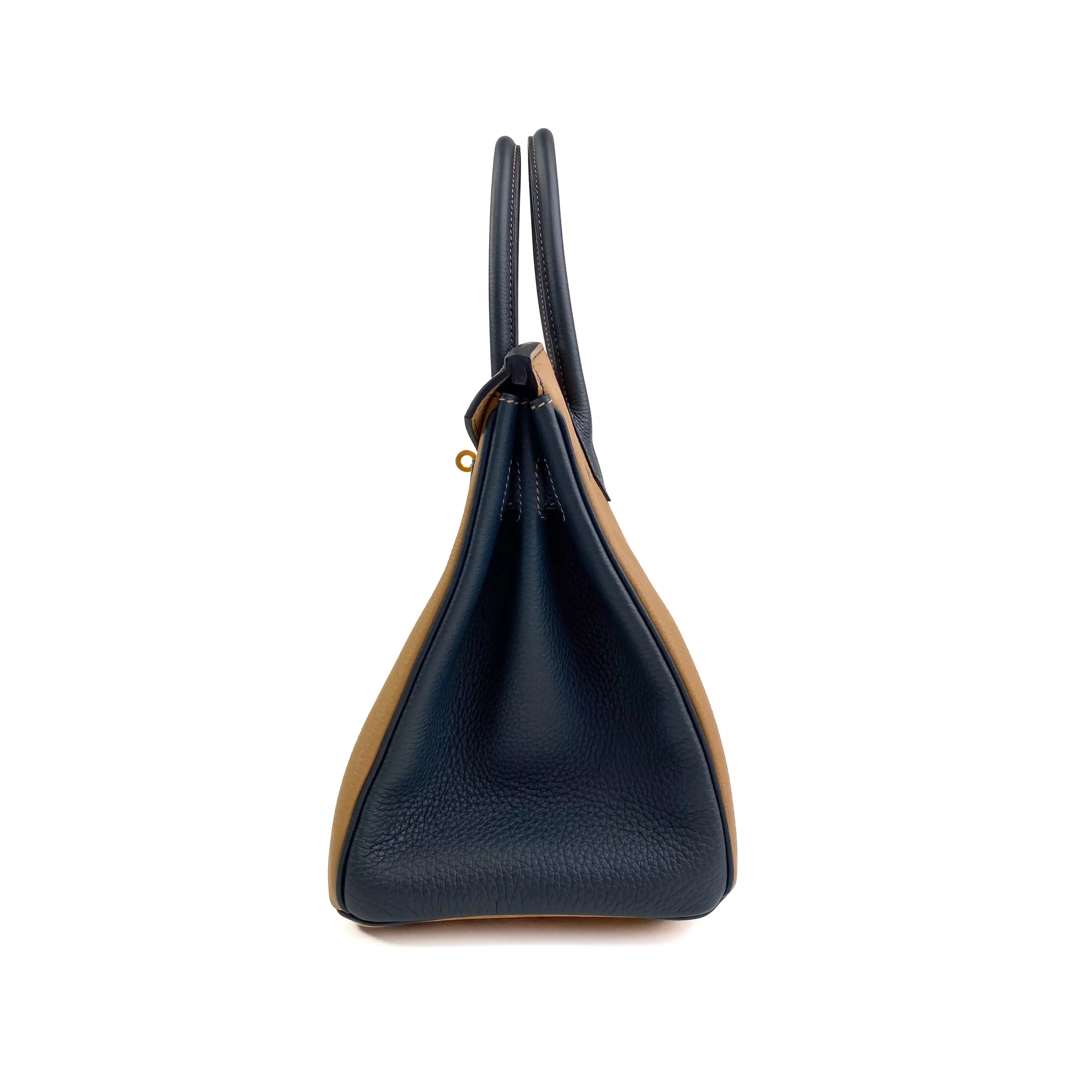 Hermes Birkin 25 Clemence Leather Bicolour Biscuit & Blue nuit GHW Left Side