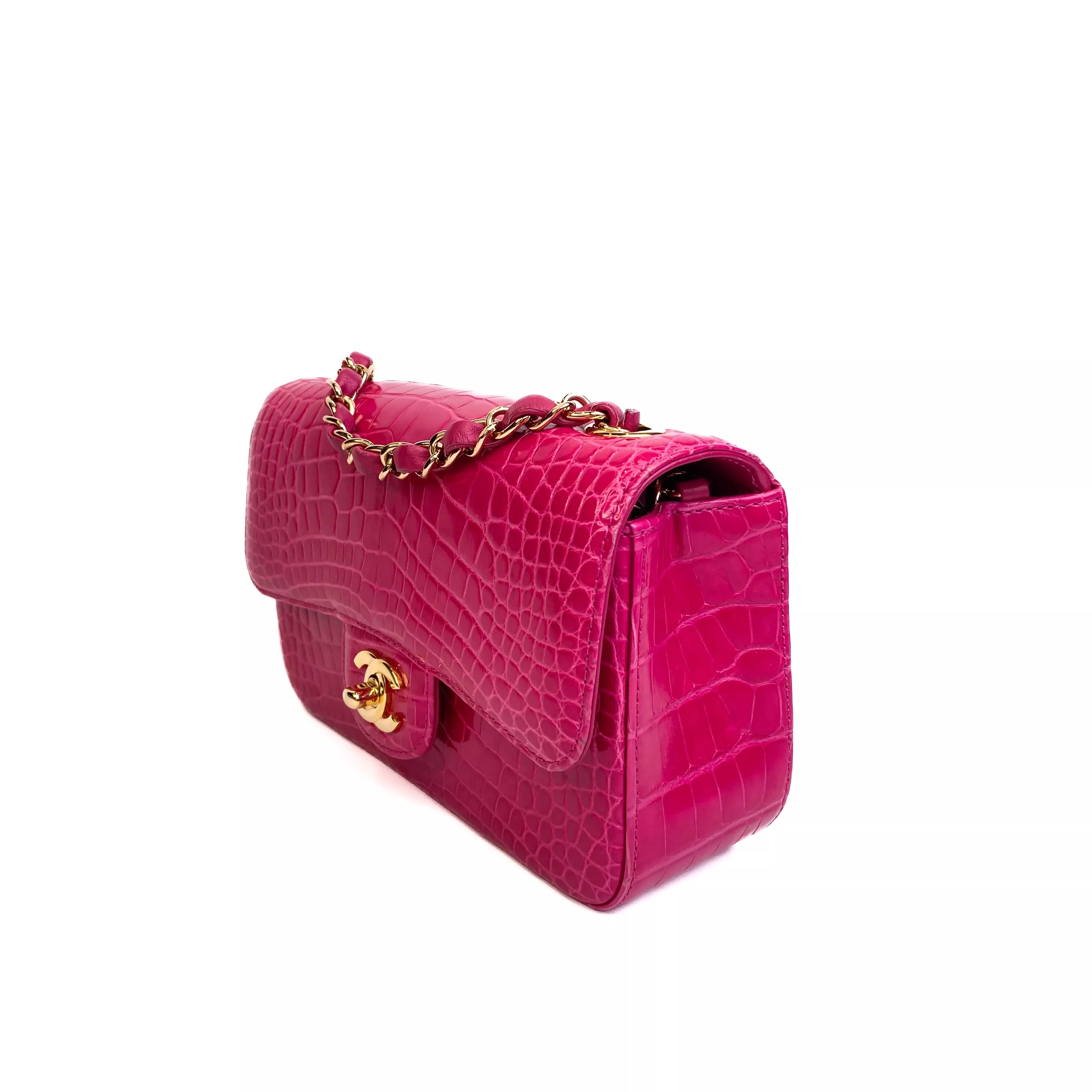 Chanel Classic Mini Flap Bag Shiny Alligator in Fuchsia Rose with Gold Hardware Right
