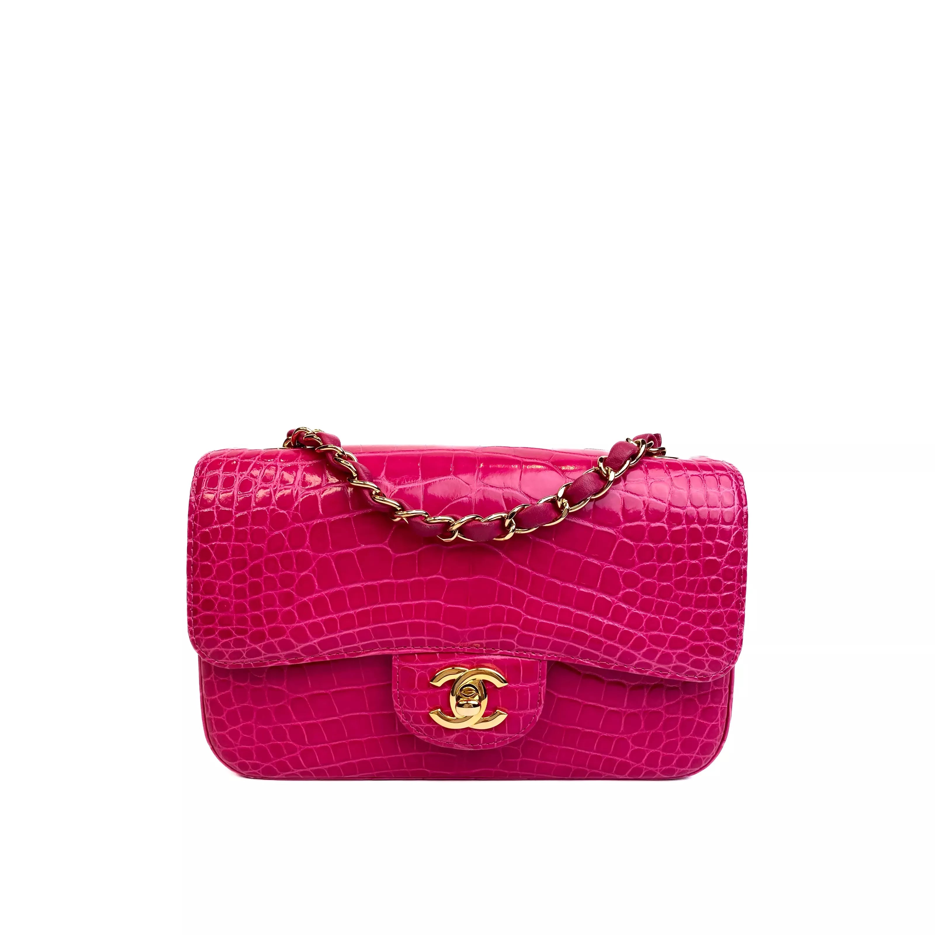 Chanel Classic Mini Flap Bag Shiny Alligator in Fuchsia Rose with Gold Hardware Front