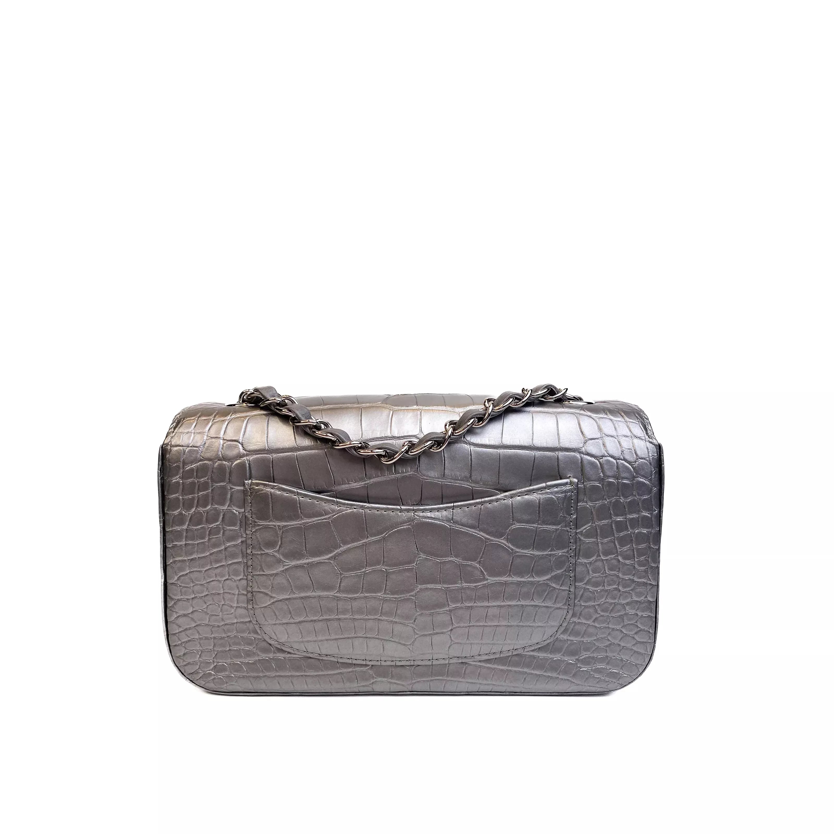 Chanel Classic Mini Flap Bag Shiny Alligator in Metallic Silver with Ruthenium Hardware Left Back