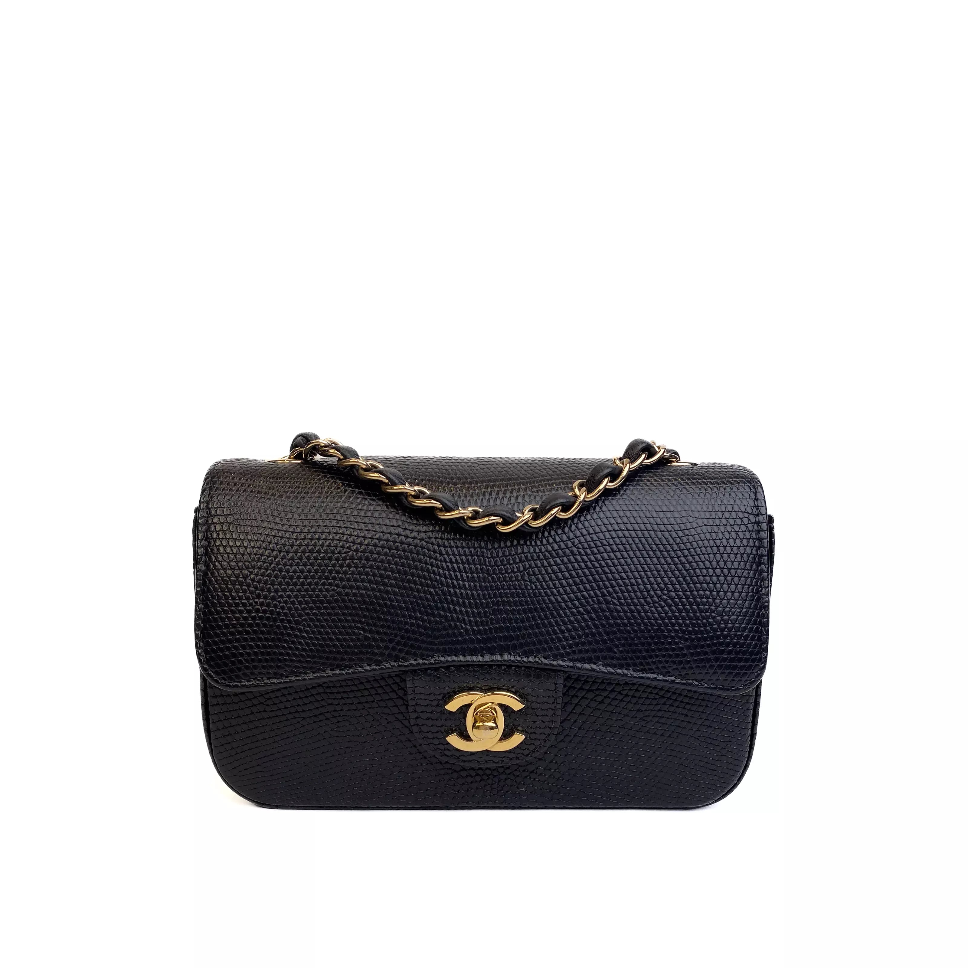 Chanel Classic Mini Flap Bag Black Lizard Leather with Gold Hardware Front