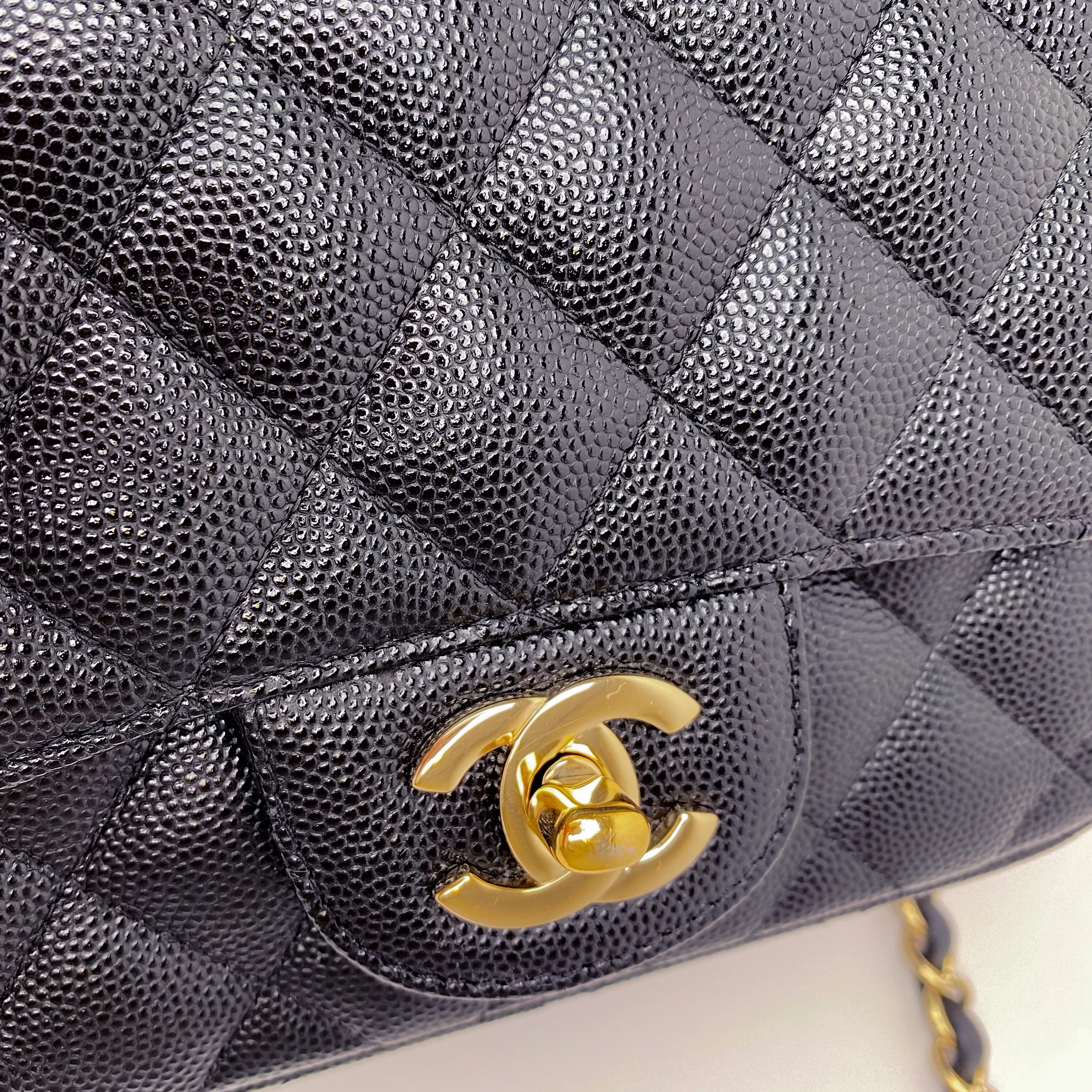 Chanel Quilted BlackCaviar Mini Square Single Flap Champagne Hardware 8