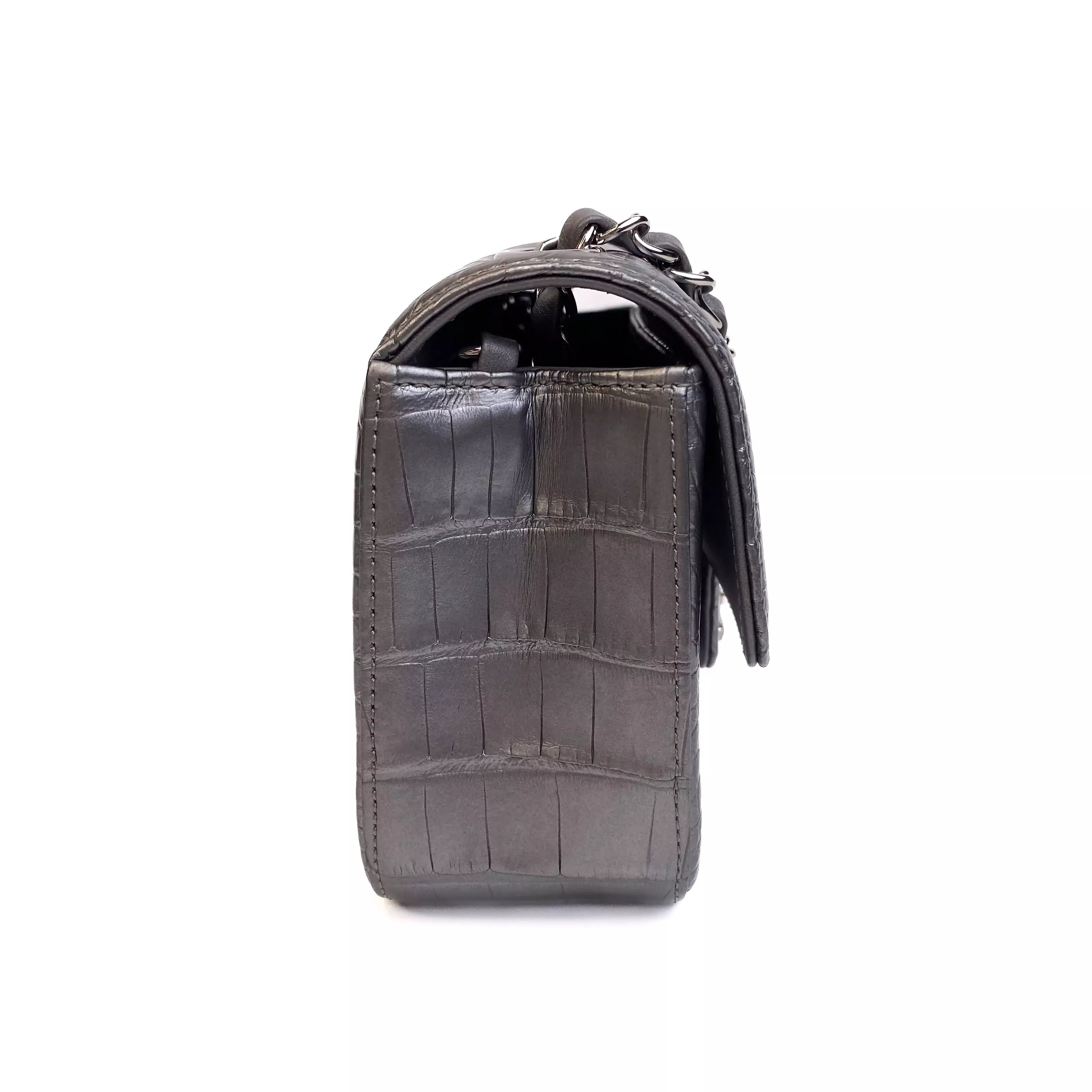 Chanel Classic Mini Flap Bag Shiny Alligator in Metallic Silver with Ruthenium Hardware Left Side