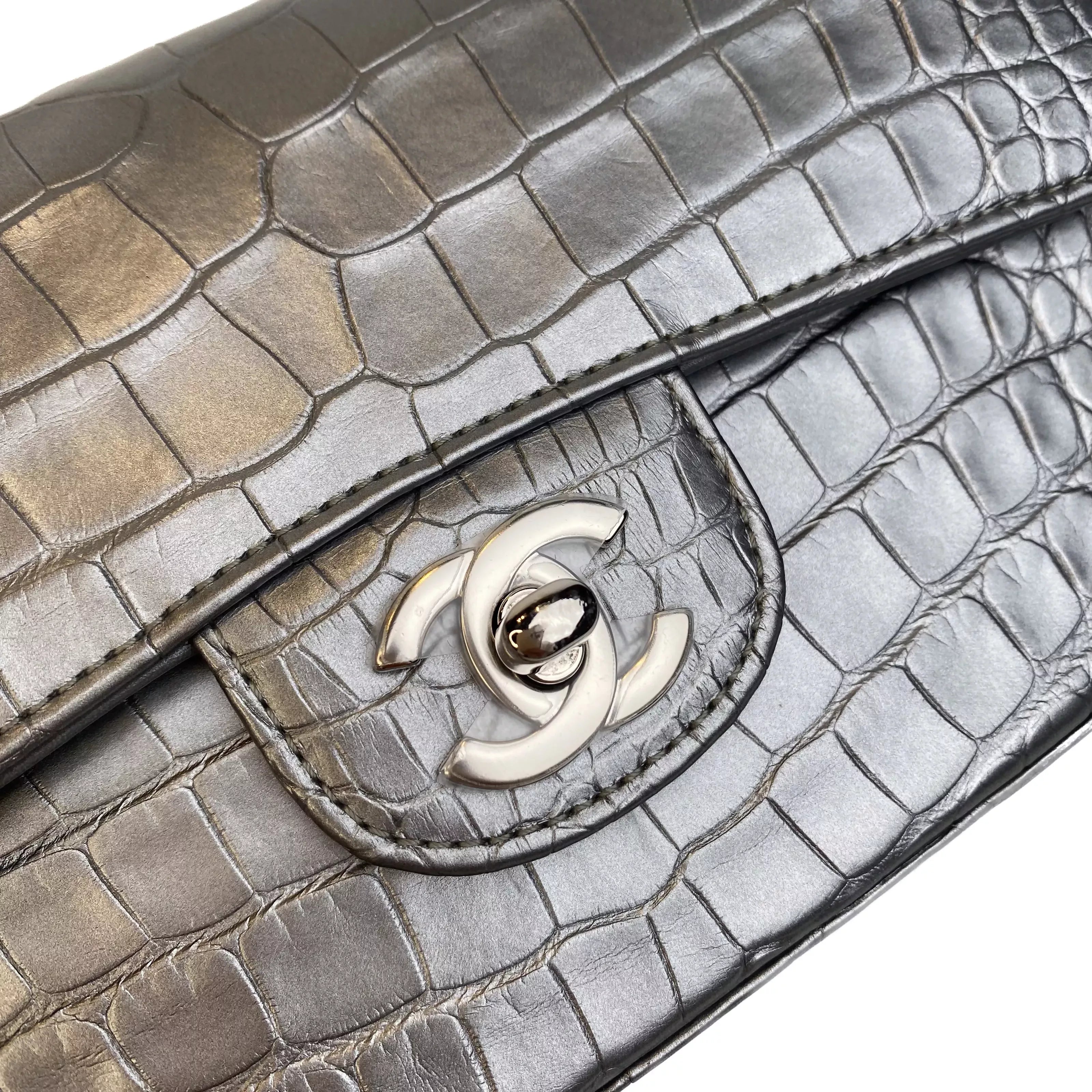 Chanel Classic Mini Flap Bag Shiny Alligator in Metallic Silver with Ruthenium Hardware Detail