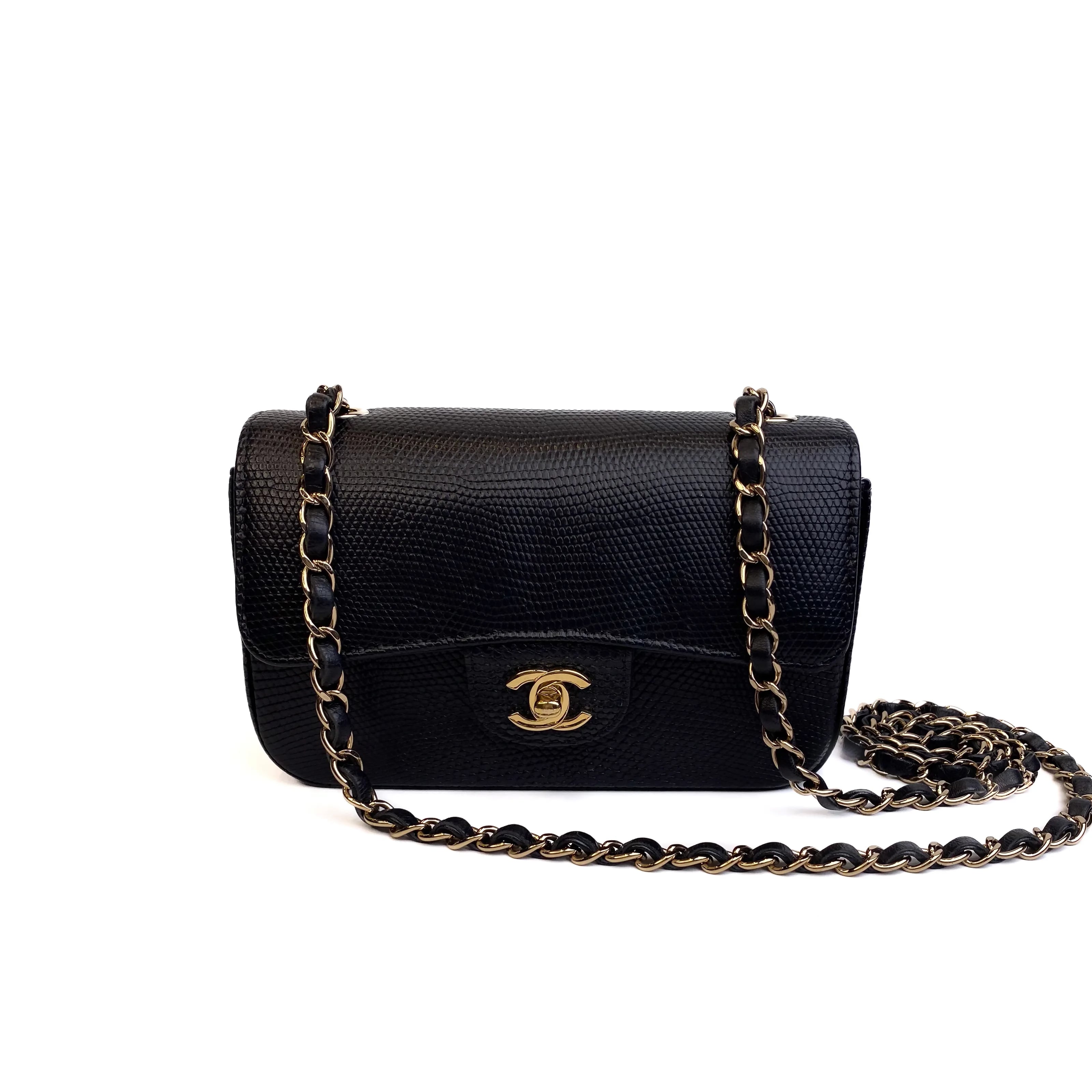Chanel Classic Mini Flap Bag Black Lizard Leather with Gold Hardware Set