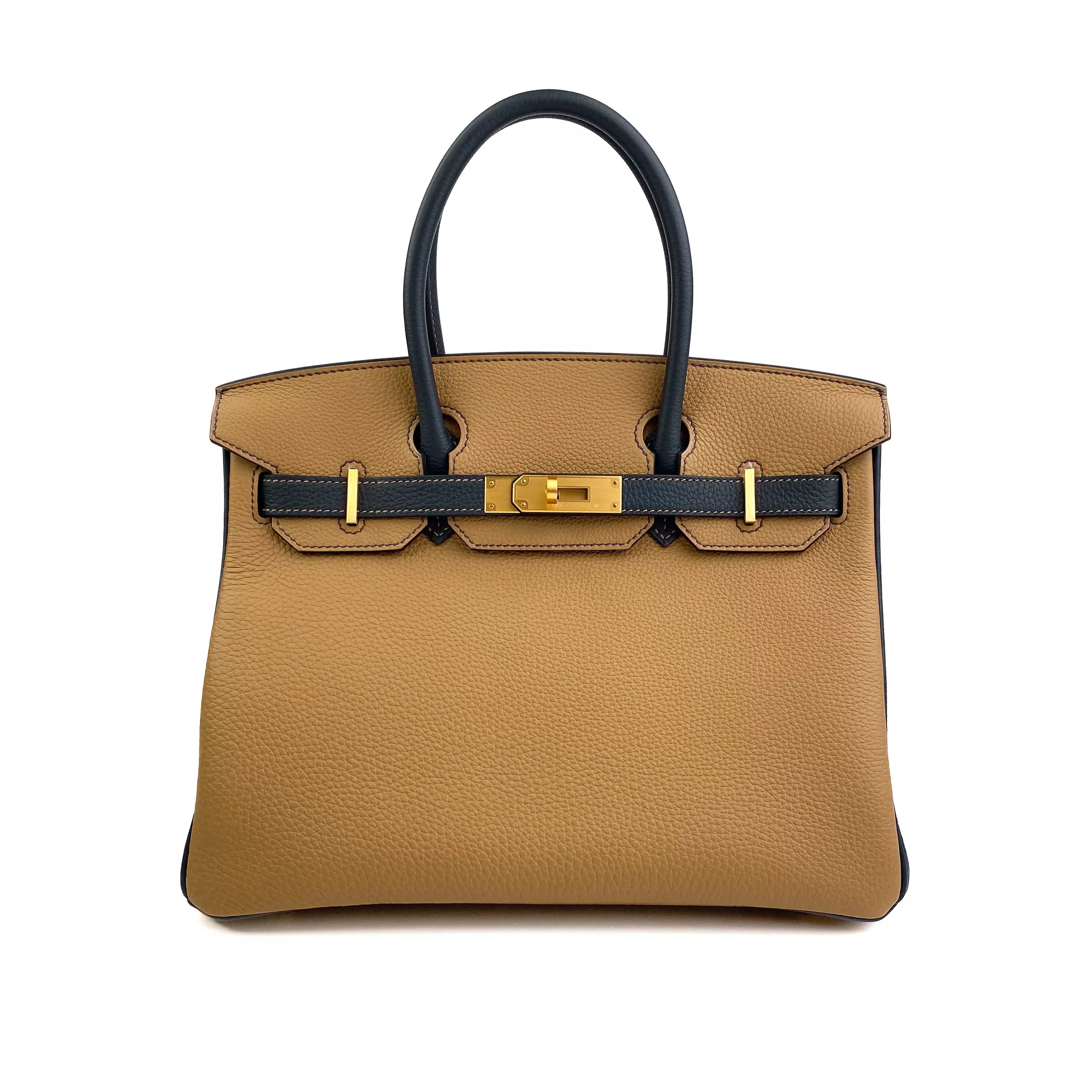 Hermes Birkin 25 Clemence Leather Bicolour Biscuit & Blue nuit GHW Front