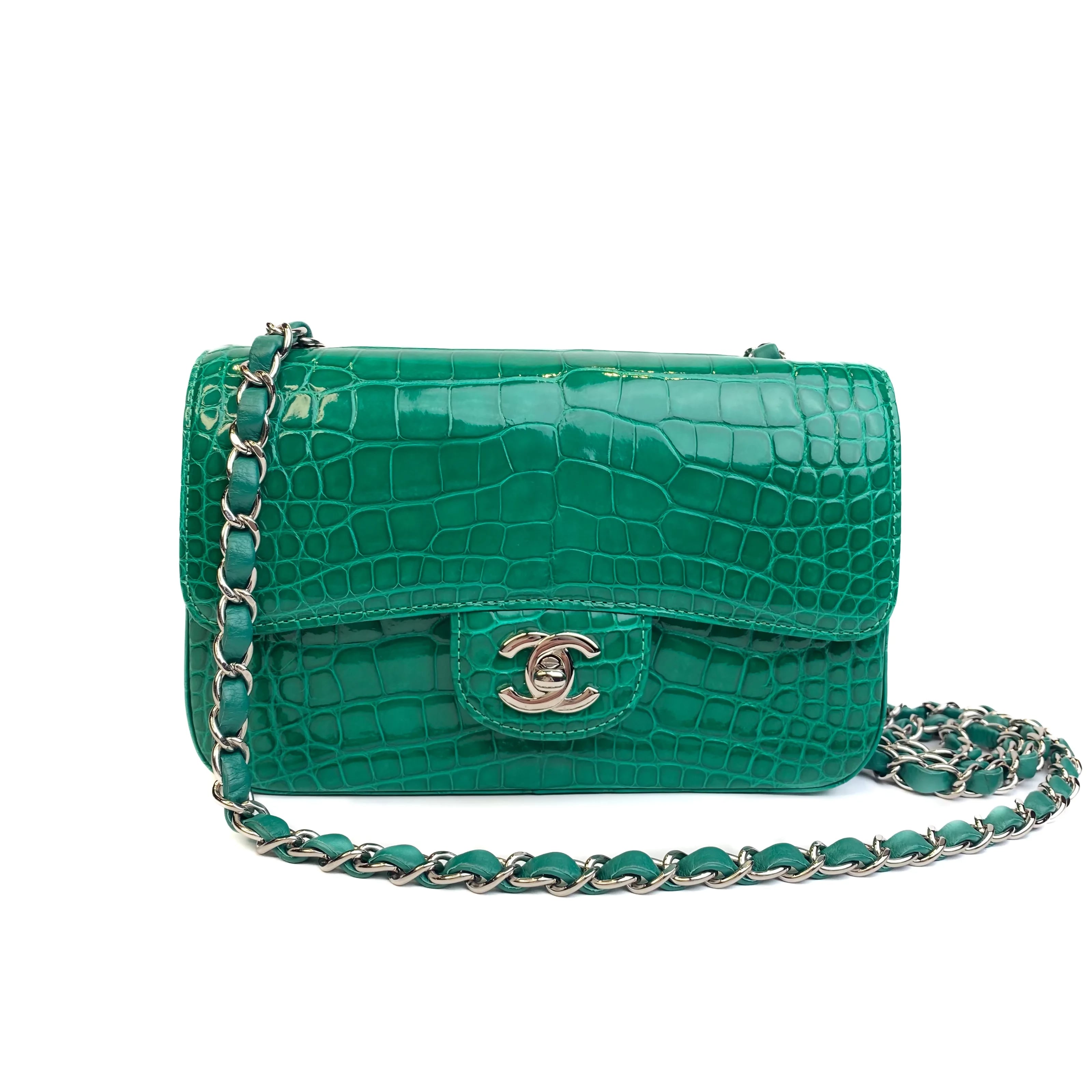 CHANEL Emerald Green Shiny Alligator Classic Mini Flap Bag with Gold Hardware Chain