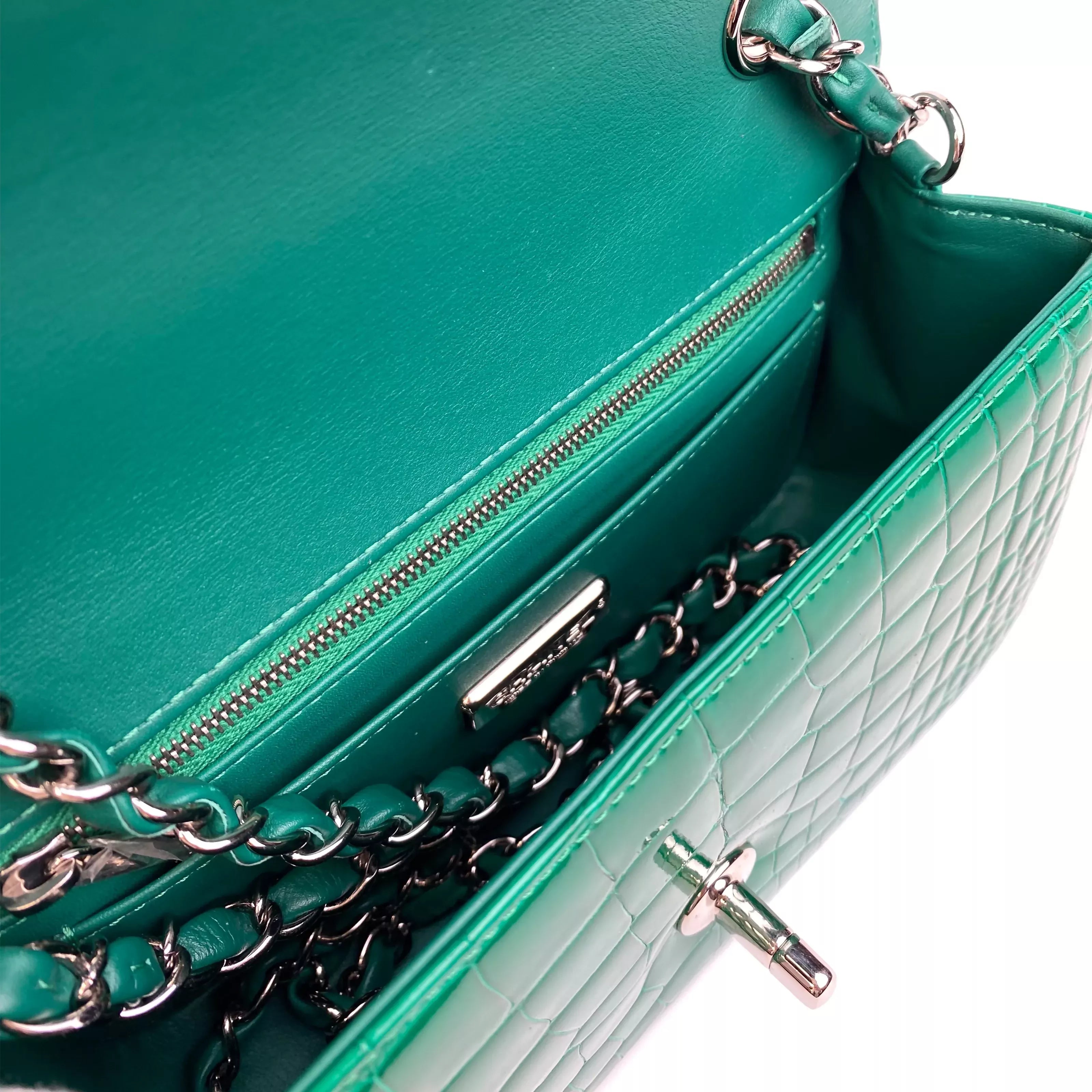 CHANEL Emerald Green Shiny Alligator Classic Mini Flap Bag with Gold Hardware Inside