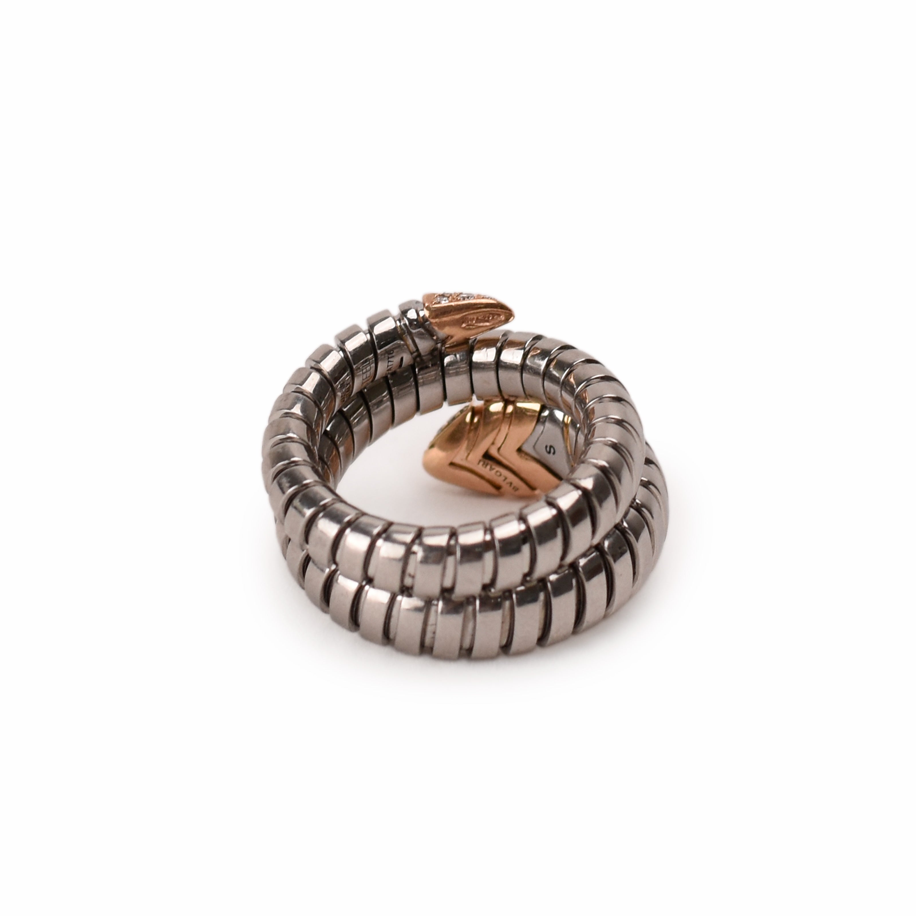 Bulgari Serpenti Tubogas Ring in Steel, Rose Gold and Diamonds