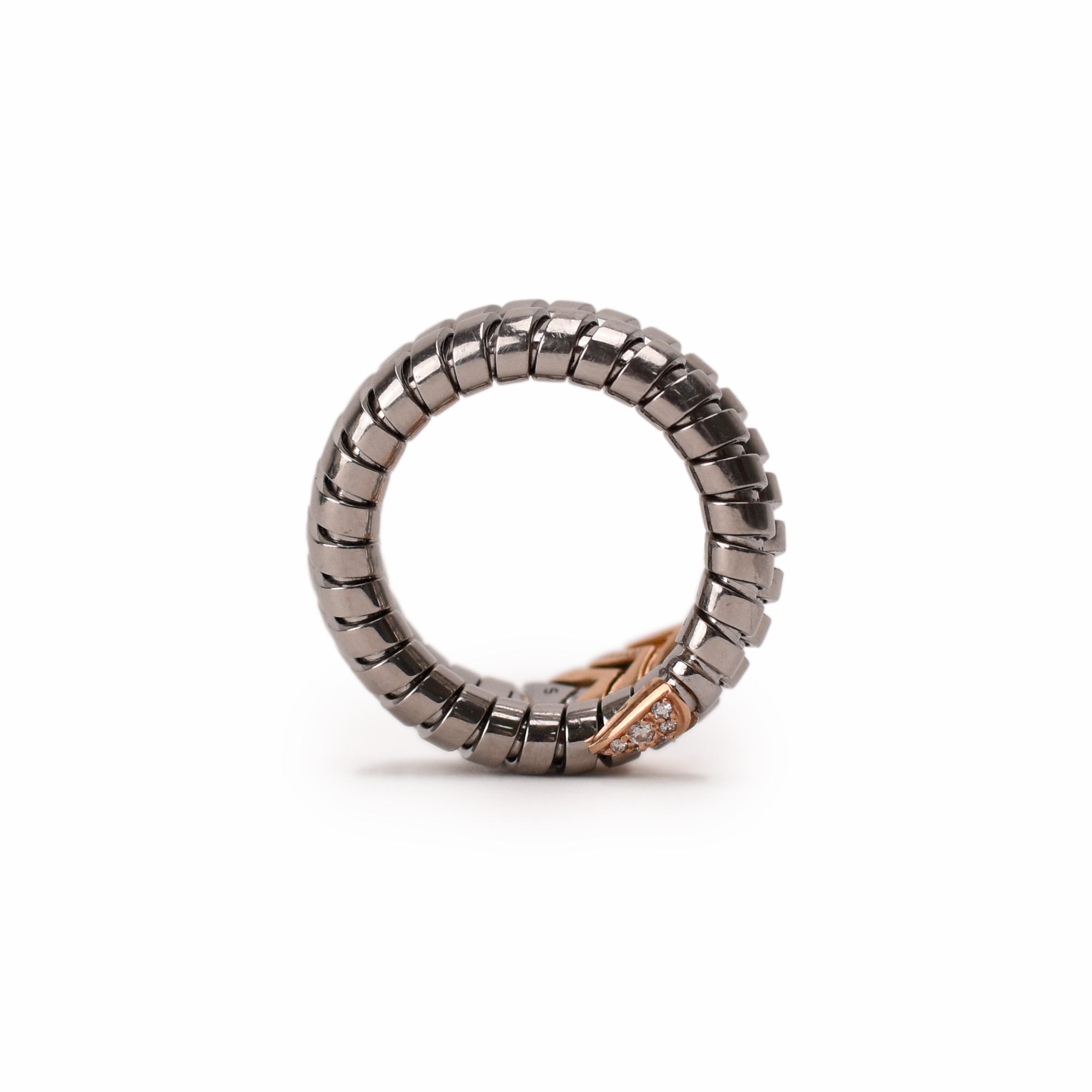 Bulgari Serpenti Tubogas Ring in Steel, Rose Gold and Diamonds