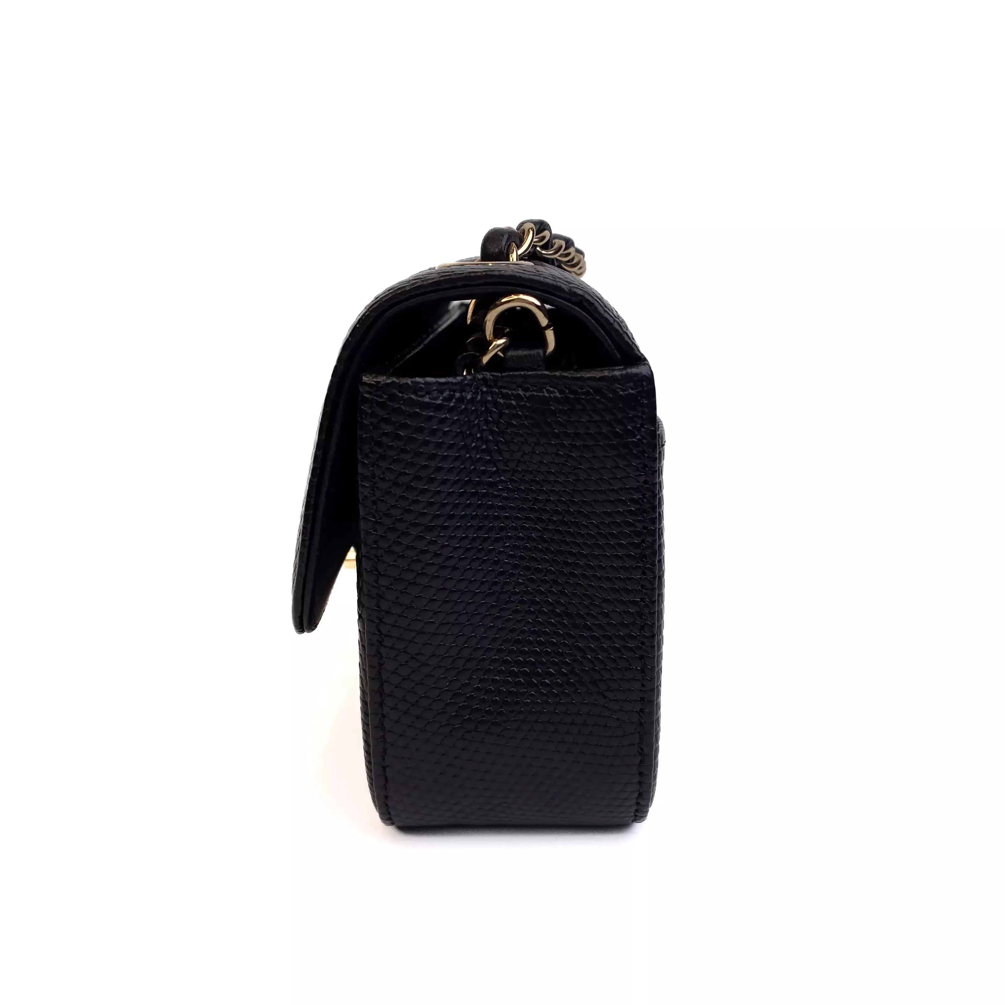 Chanel Classic Mini Flap Bag Black Lizard Leather with Gold Hardware Left Side