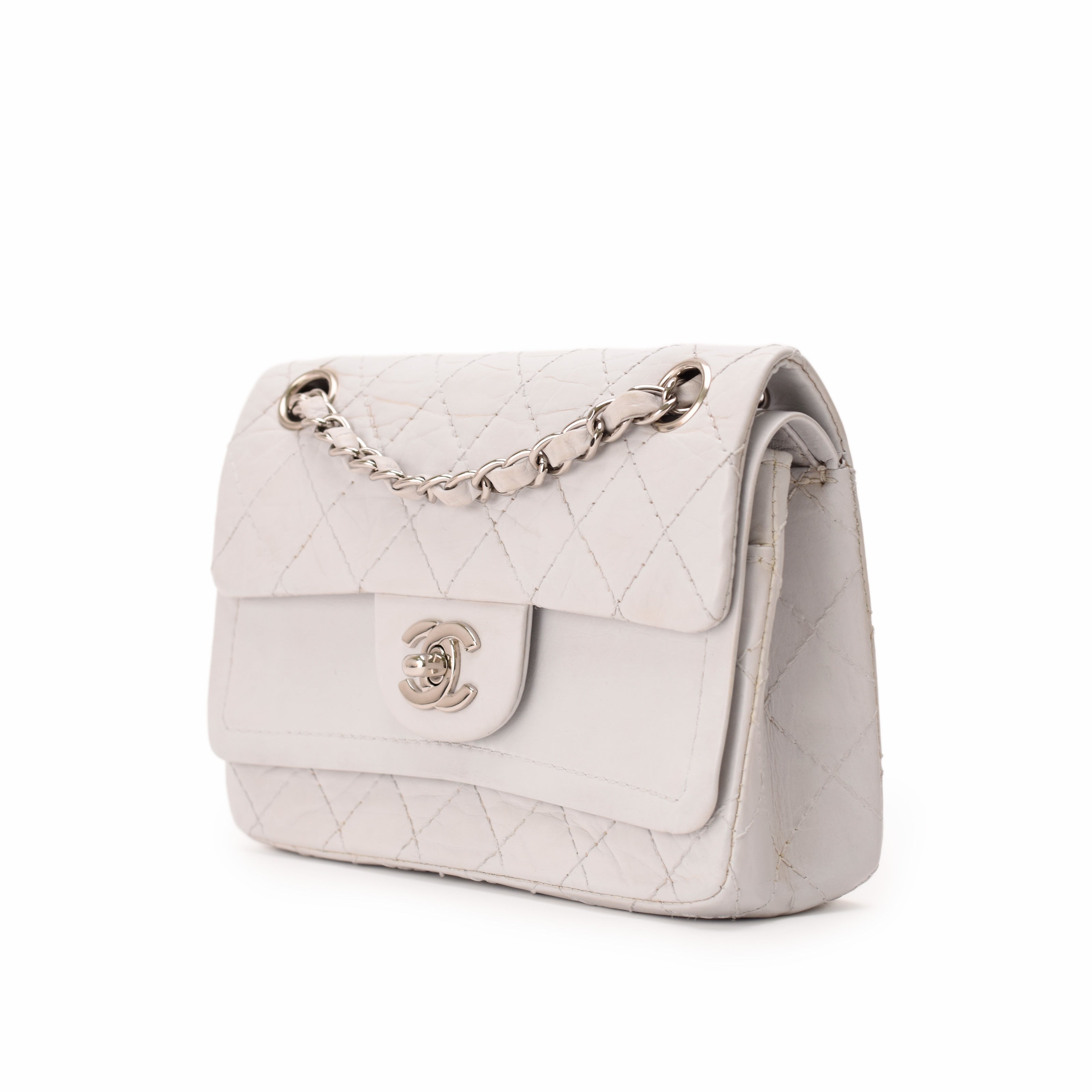 Chanel Vintage Mini Double Flap Quilted Aged Calfskin White SHW
