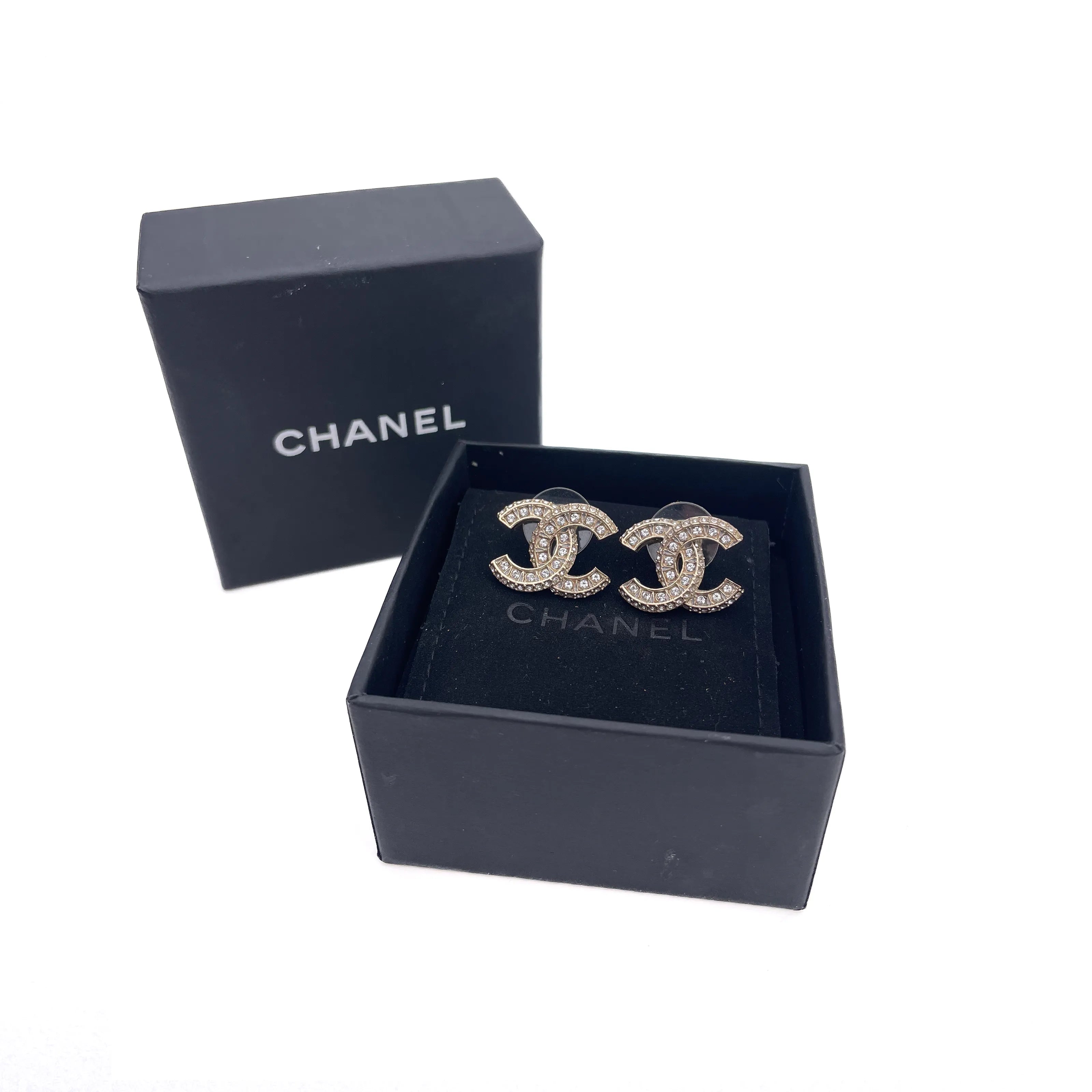 Chanel Gold-Tone Crystal CC Stud Earrings