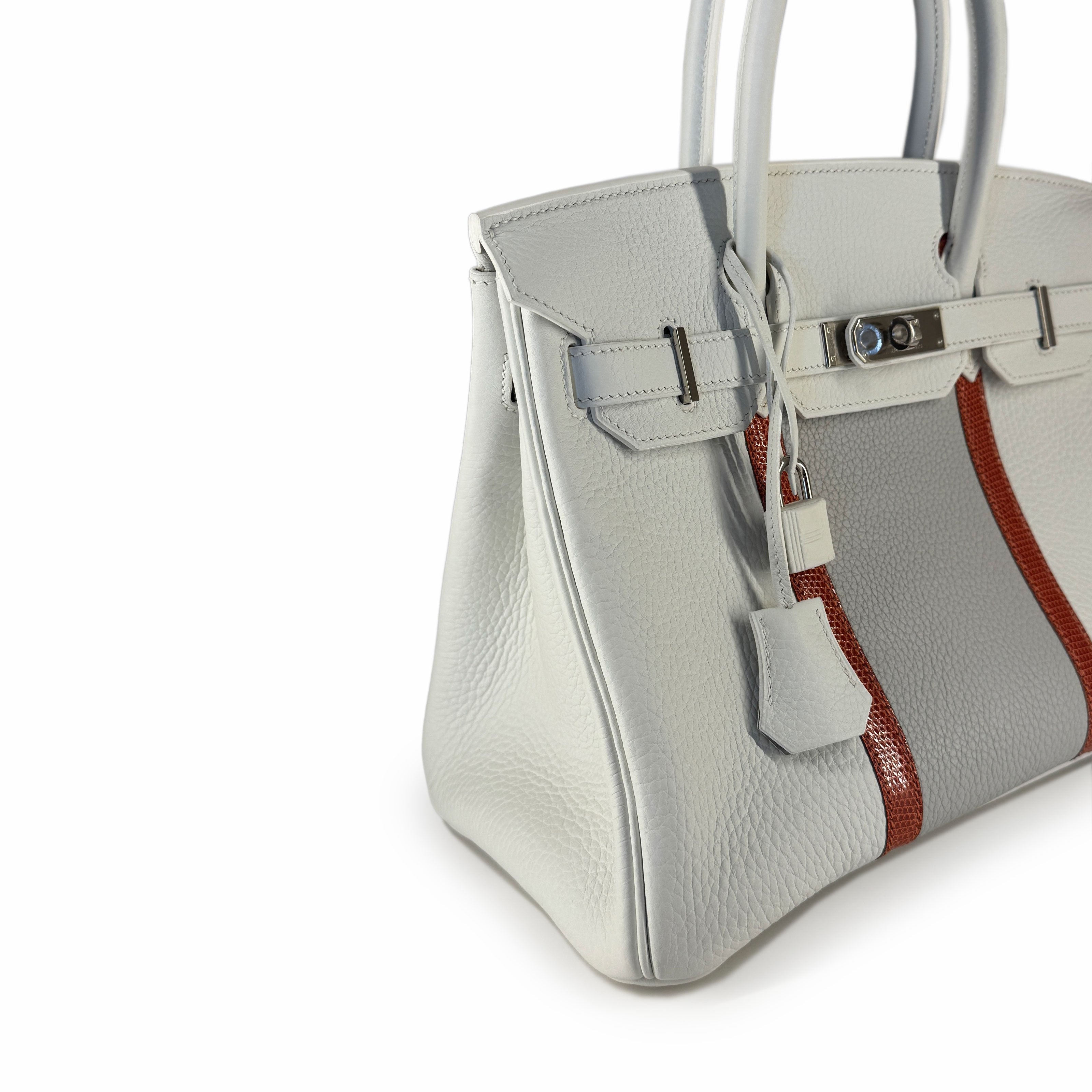Hermès Birkin 30 Limited Edition Gris Perle, Blanc Clemence, and Sanguine Lizard Club
