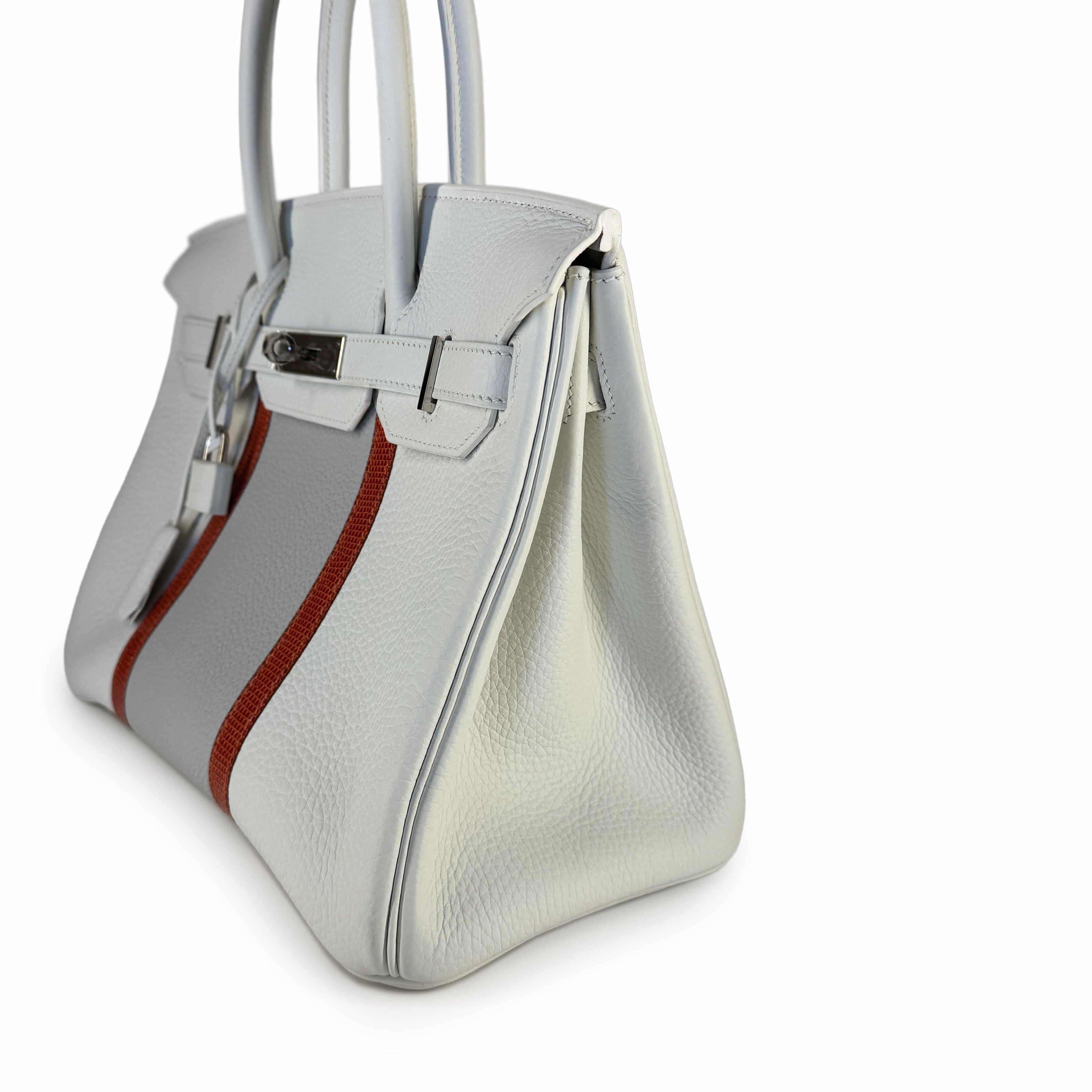 Hermès Birkin 30 Limited Edition Gris Perle, Blanc Clemence, and Sanguine Lizard Club