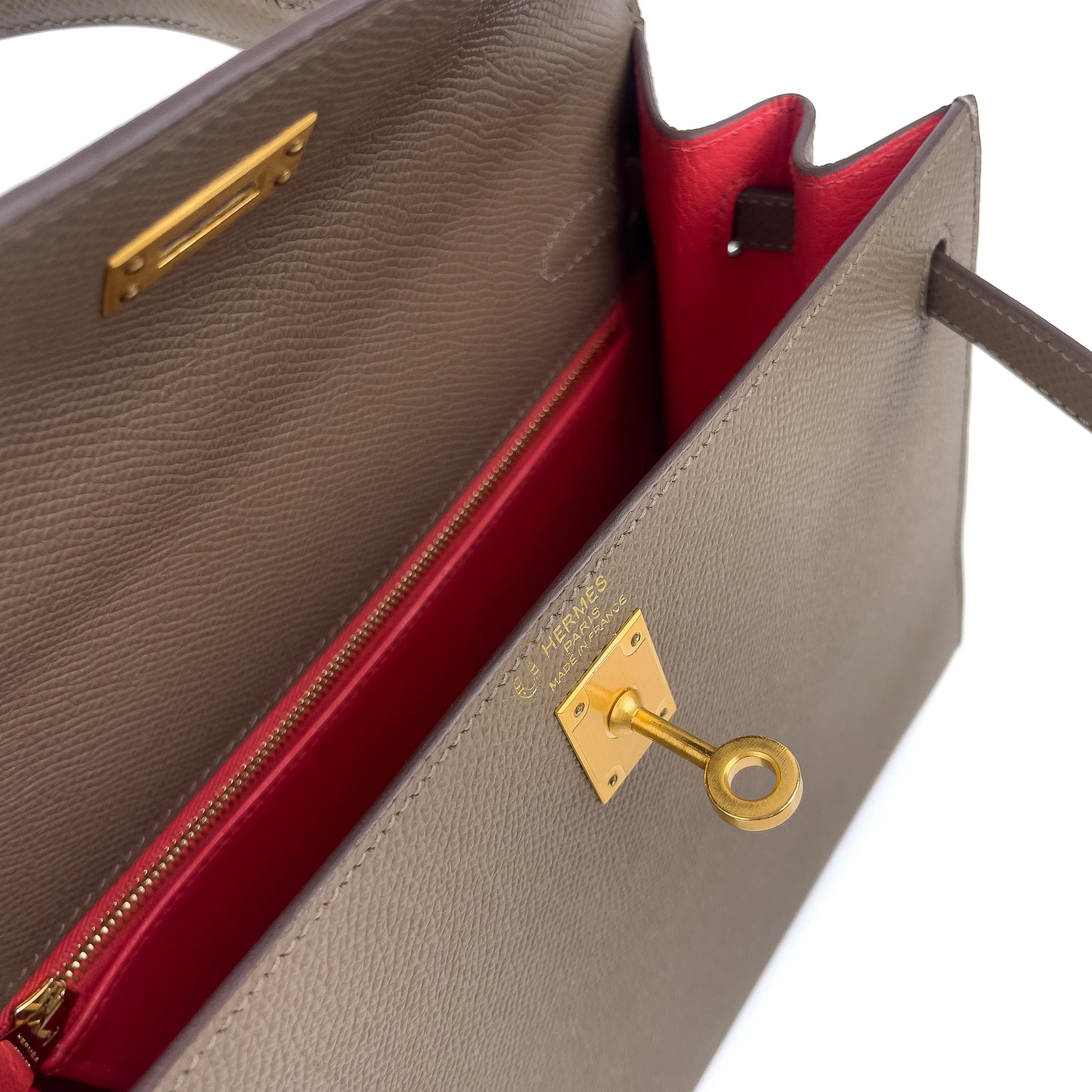 Hermès Kelly 25 Sellier  Etoupe & Rouge H Bi-Colour with Brushed Gold Hardware