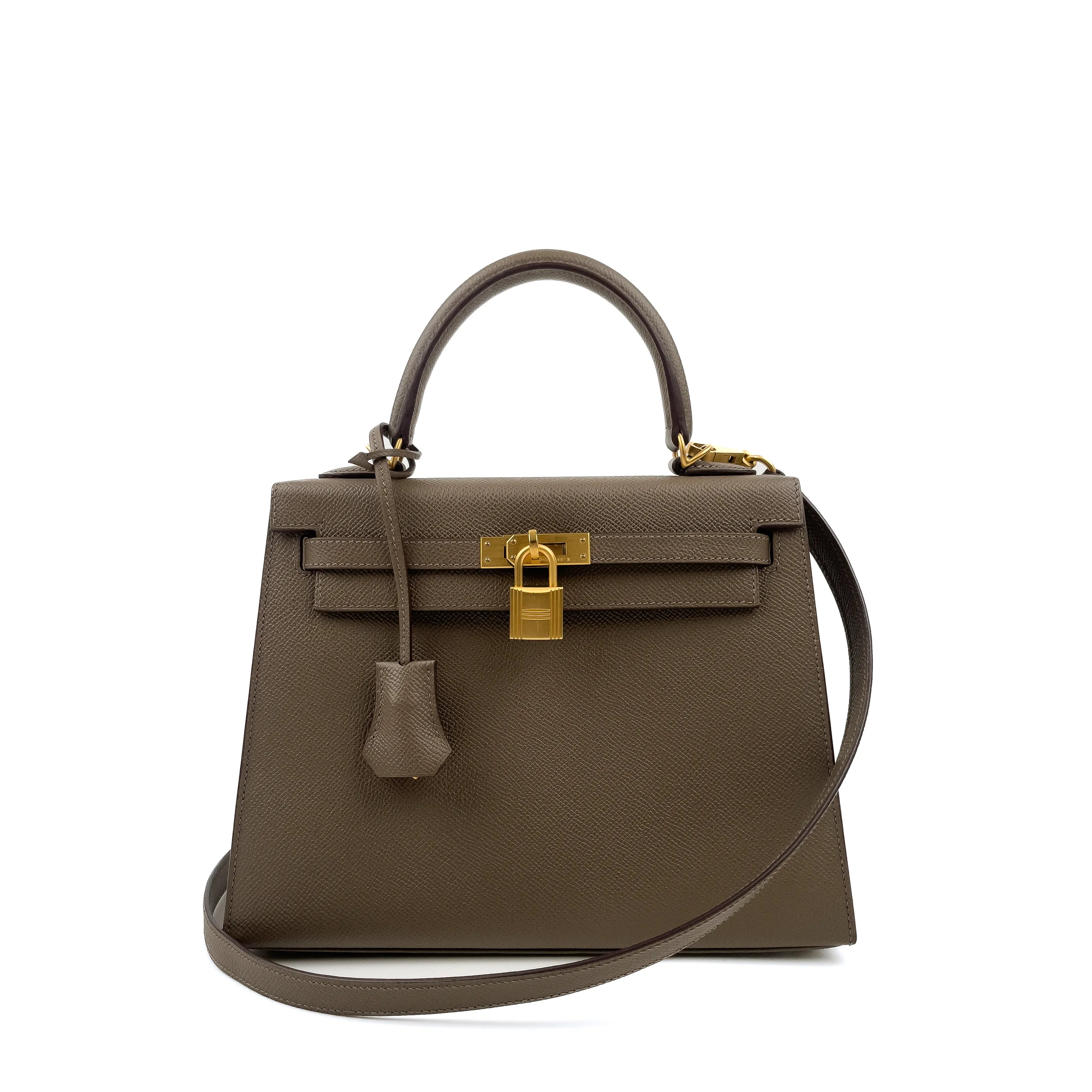 Hermès Kelly 25 Sellier  Etoupe & Rouge H Bi-Colour with Brushed Gold Hardware