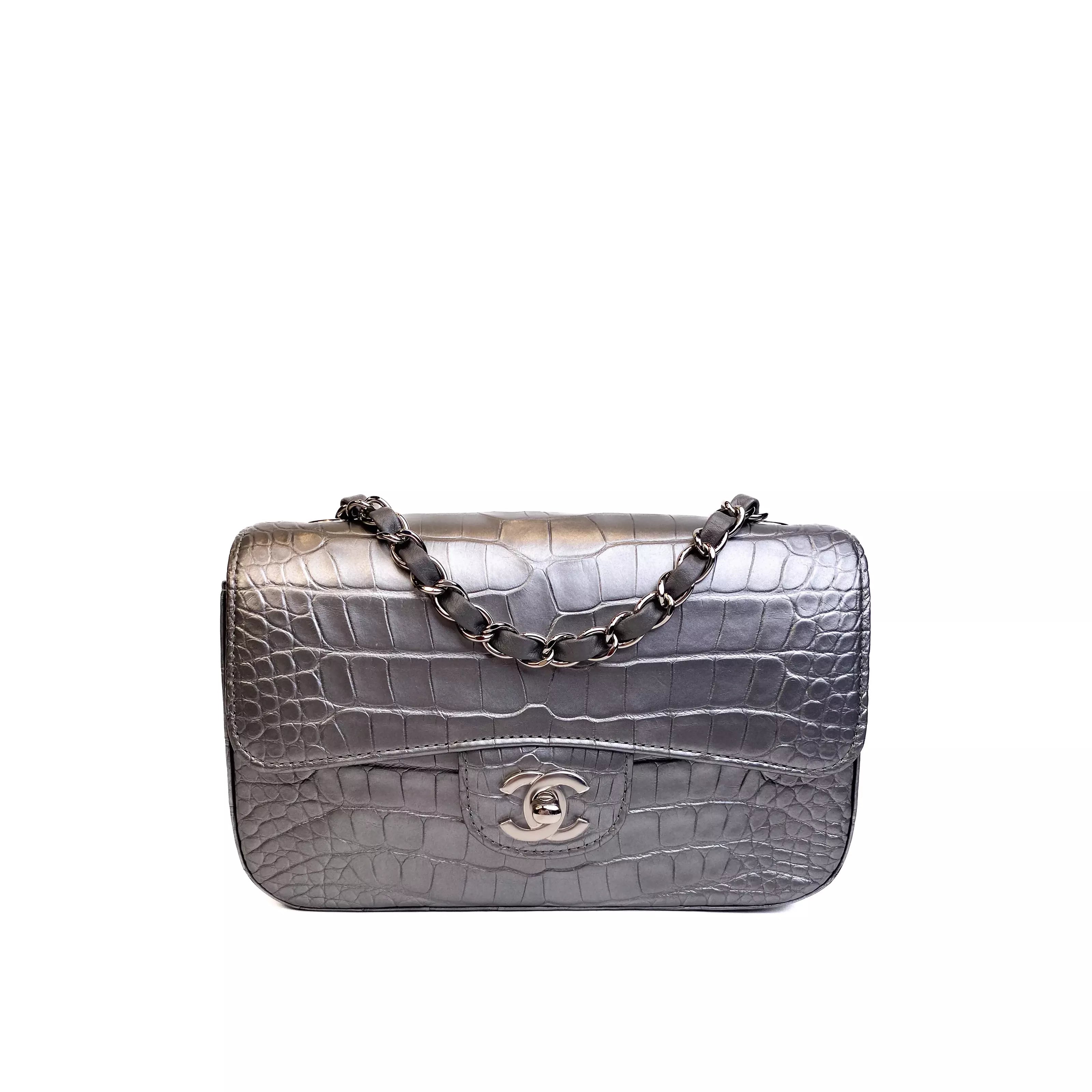 Chanel Classic Mini Flap Bag Shiny Alligator in Metallic Silver with Ruthenium Hardware Front