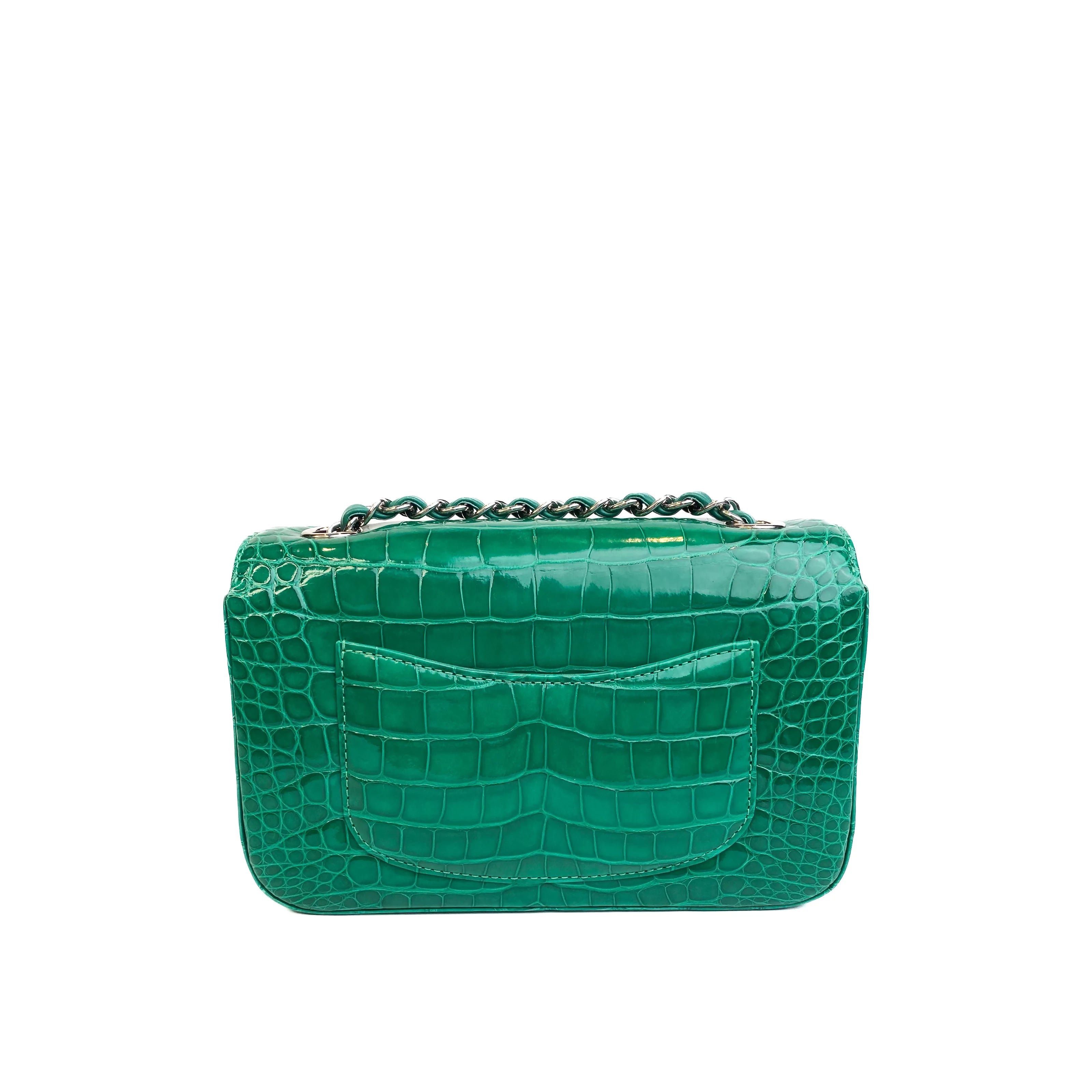 CHANEL Emerald Green Shiny Alligator Classic Mini Flap Bag with Gold Hardware Left Back