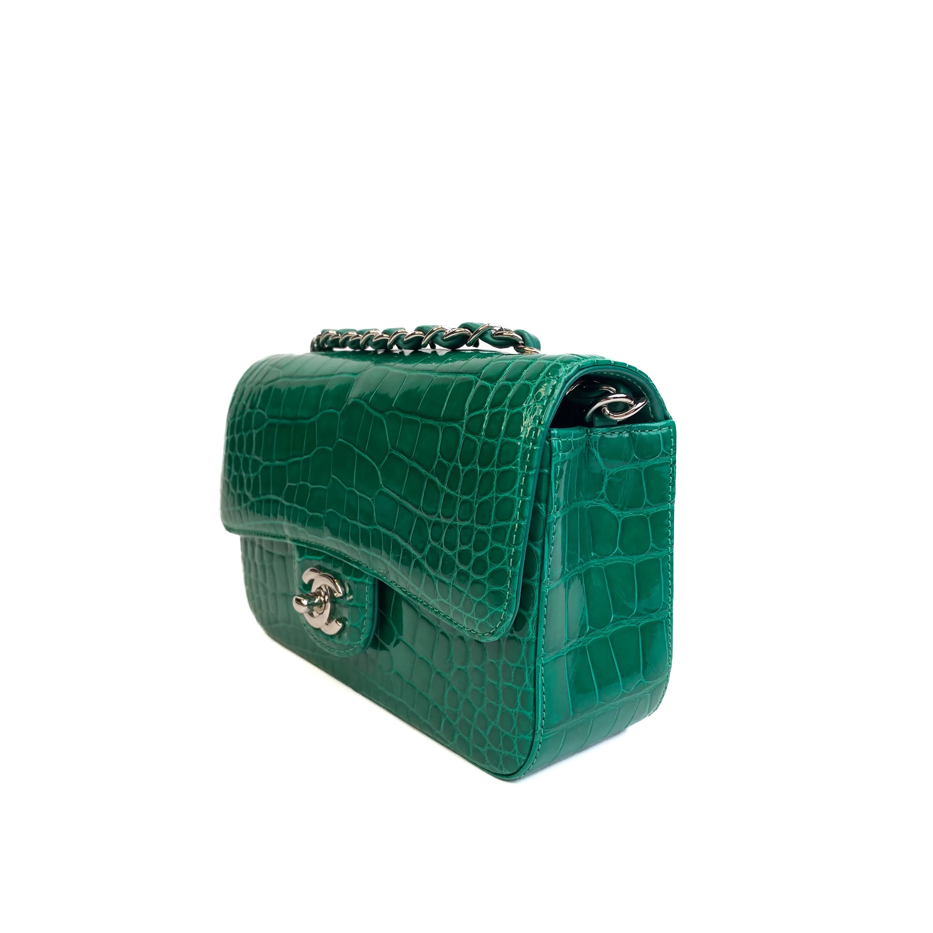 CHANEL Emerald Green Shiny Alligator Classic Mini Flap Bag with Gold Hardware Right