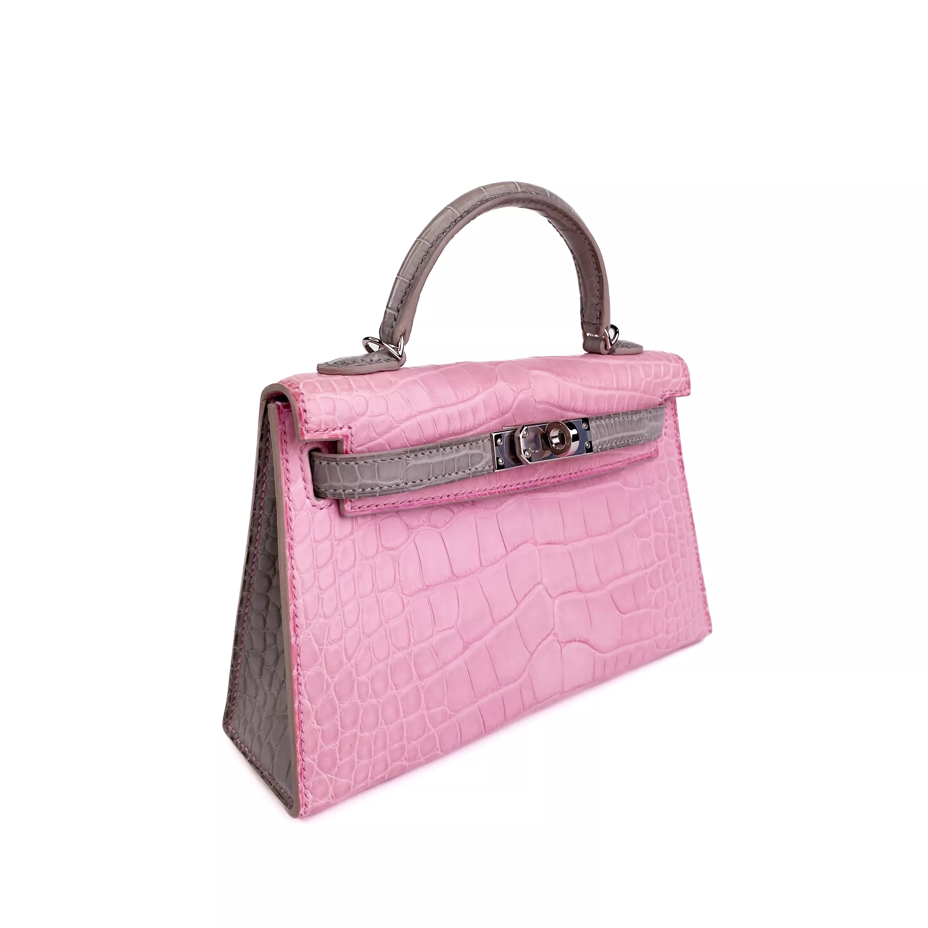 Hermes Mini Kelly Bicolour Bubblegum Pink Croco PHW Side