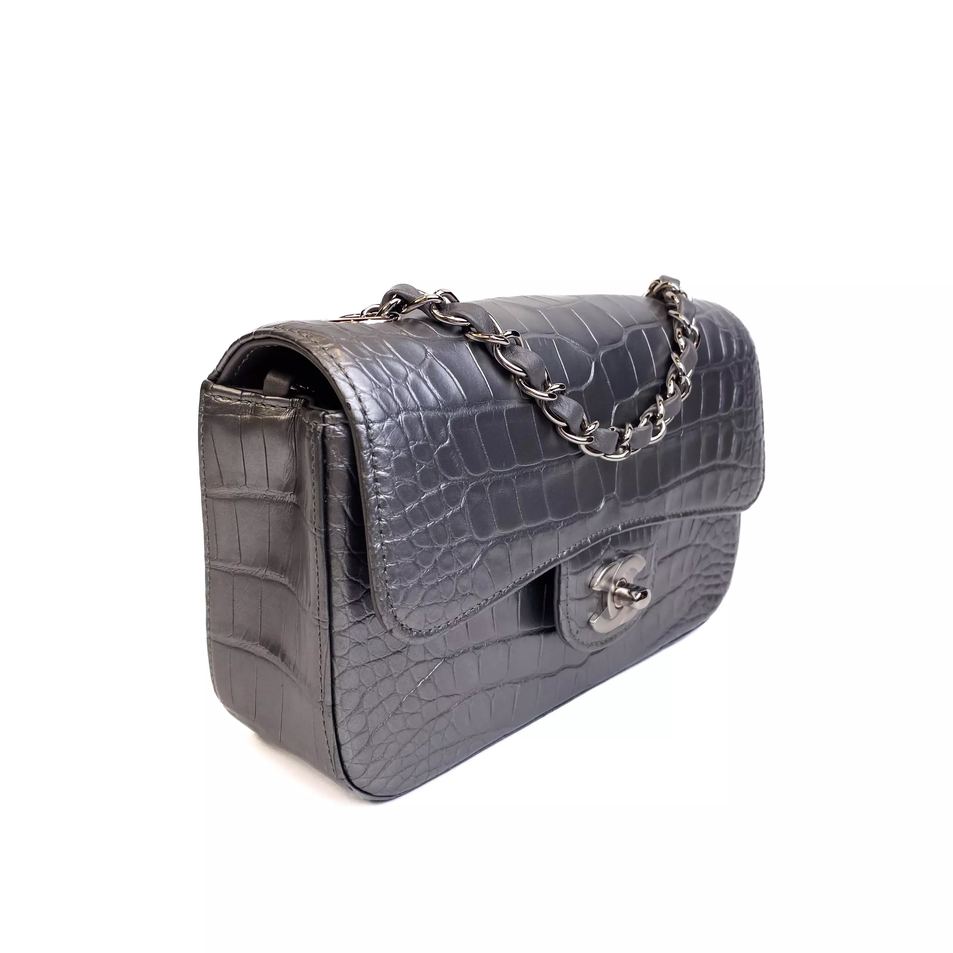 Chanel Classic Mini Flap Bag Shiny Alligator in Metallic Silver with Ruthenium Hardware Left